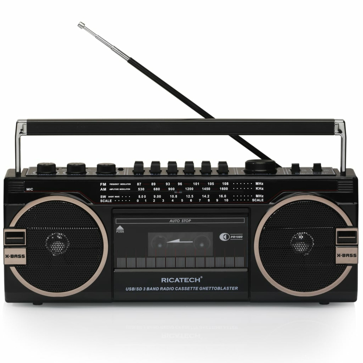 Schwarzes Retro-Radio mit goldenen Akzenten. Es hat einen Kassettenspieler und eine Teleskopantenne.