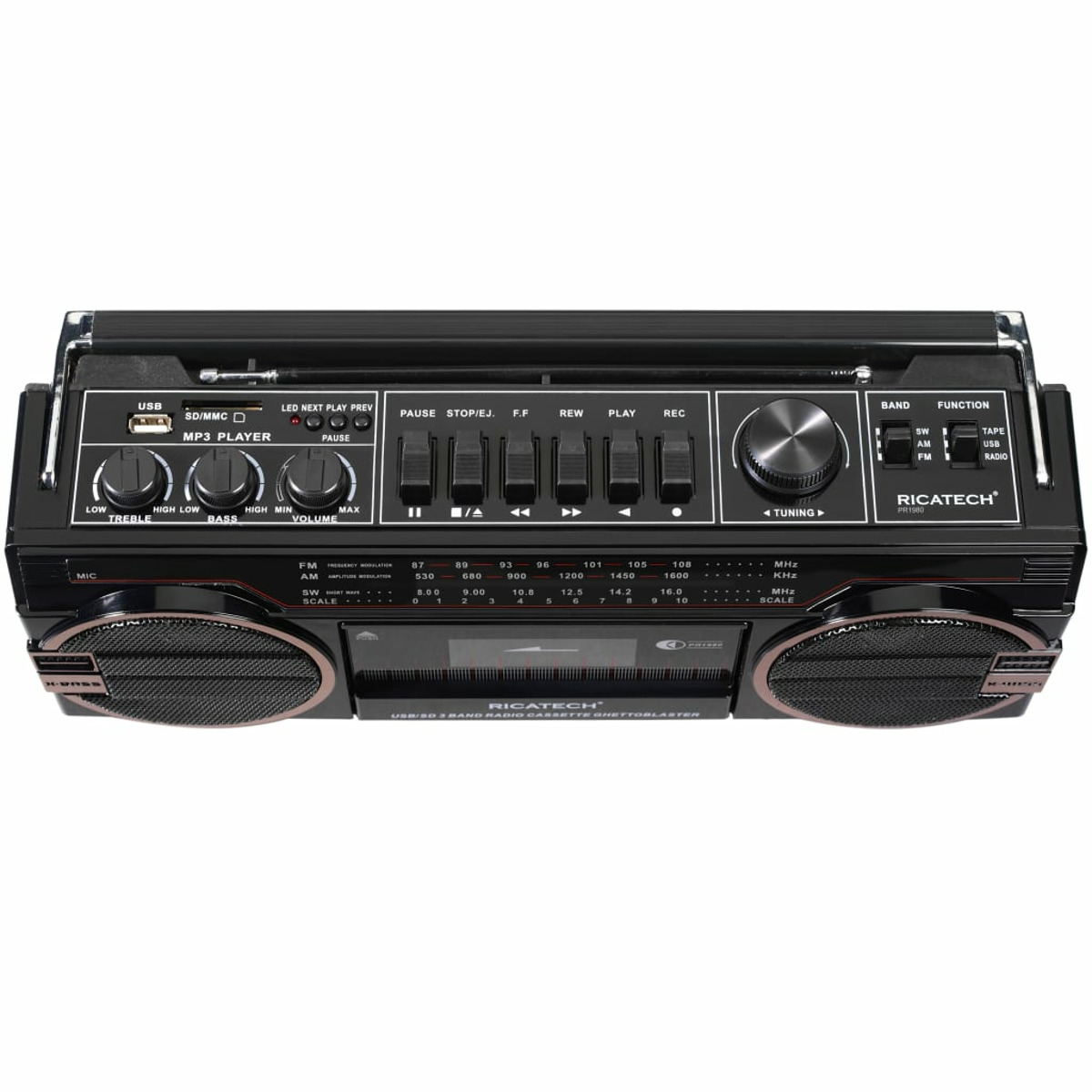 Schwarzes Radio im Retro-Stil mit vielen Knöpfen und Bedienelementen.
