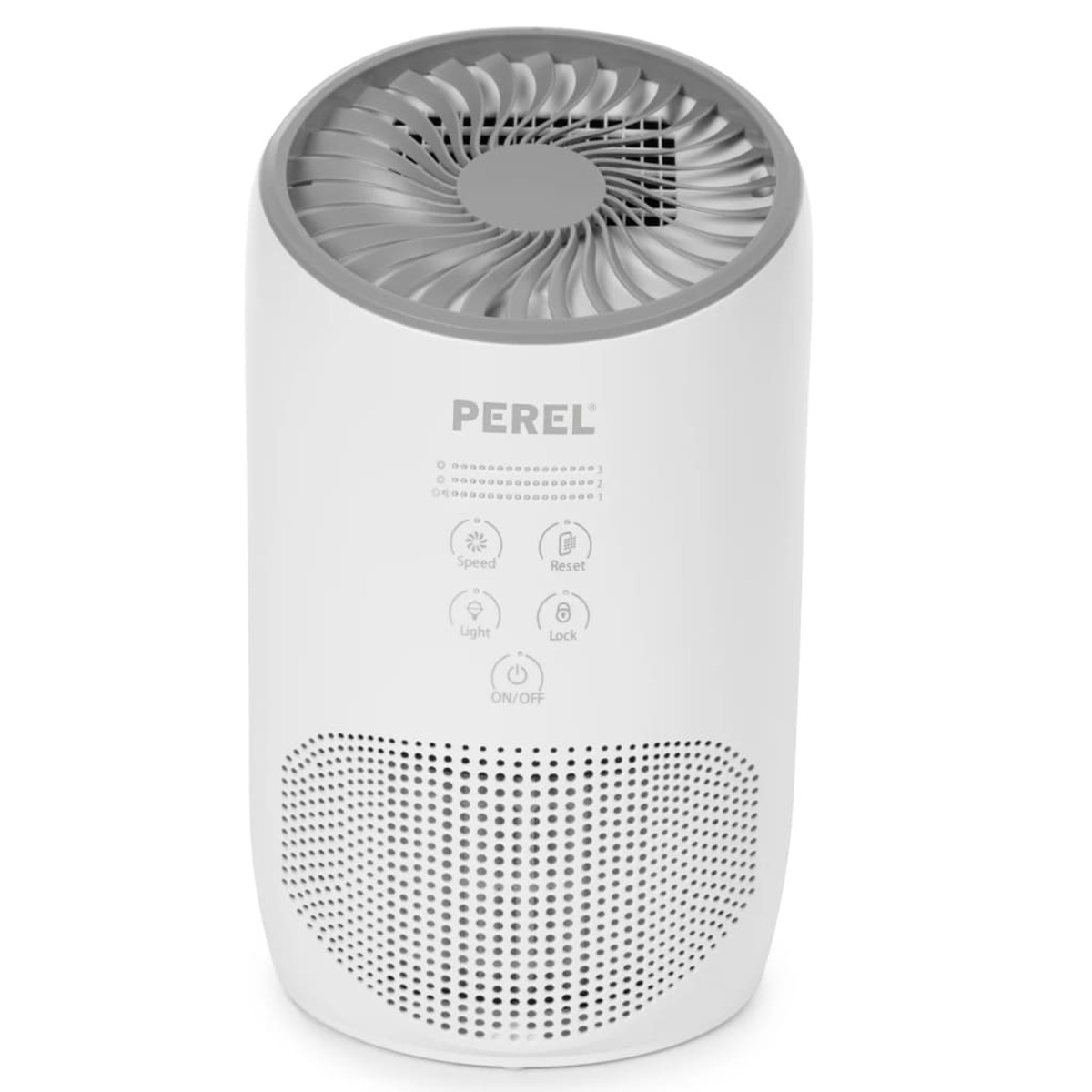 Ein weißer Luftreiniger mit grauem Deckel und Bedienelementen. Der Markenname 'PEREL' steht vorne.