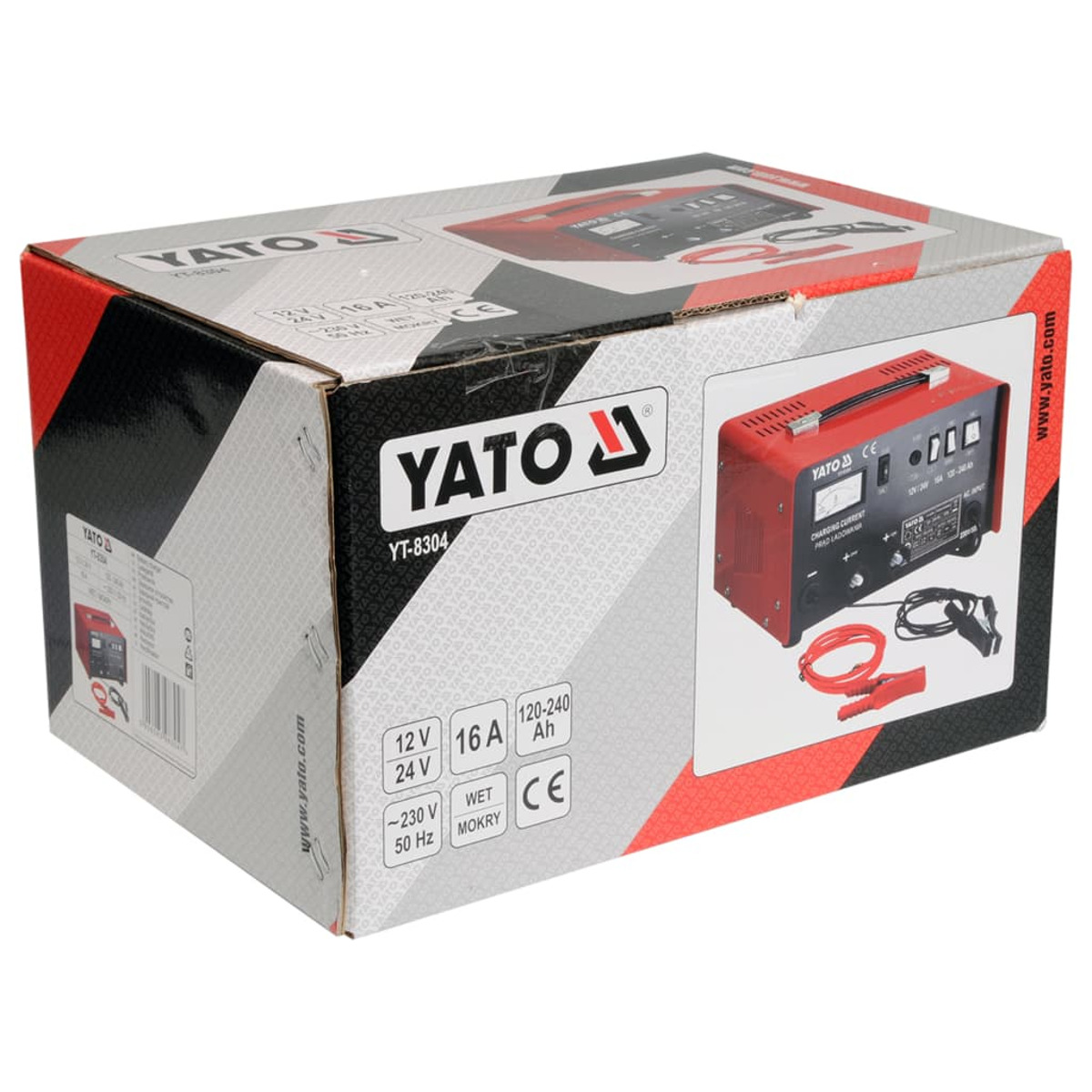 Eine Box eines Autobatterieladegeräts. Das Ladegerät ist rot und schwarz. Text auf der Box.