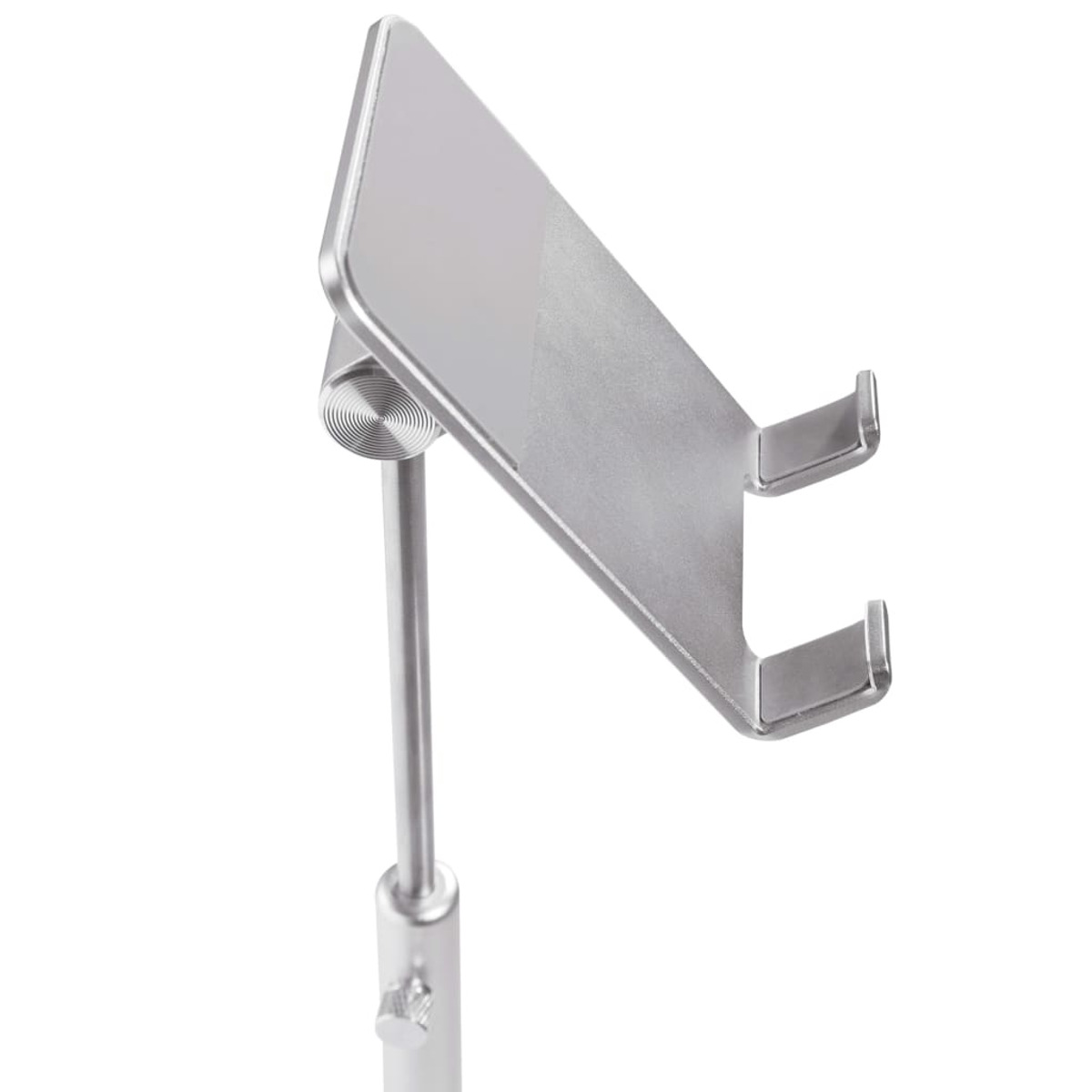 Silberner Tablet-Ständer. Einstellbare Höhe. Schräge Ansicht. Isoliert auf einer weißen Oberfläche. Modernes Design.