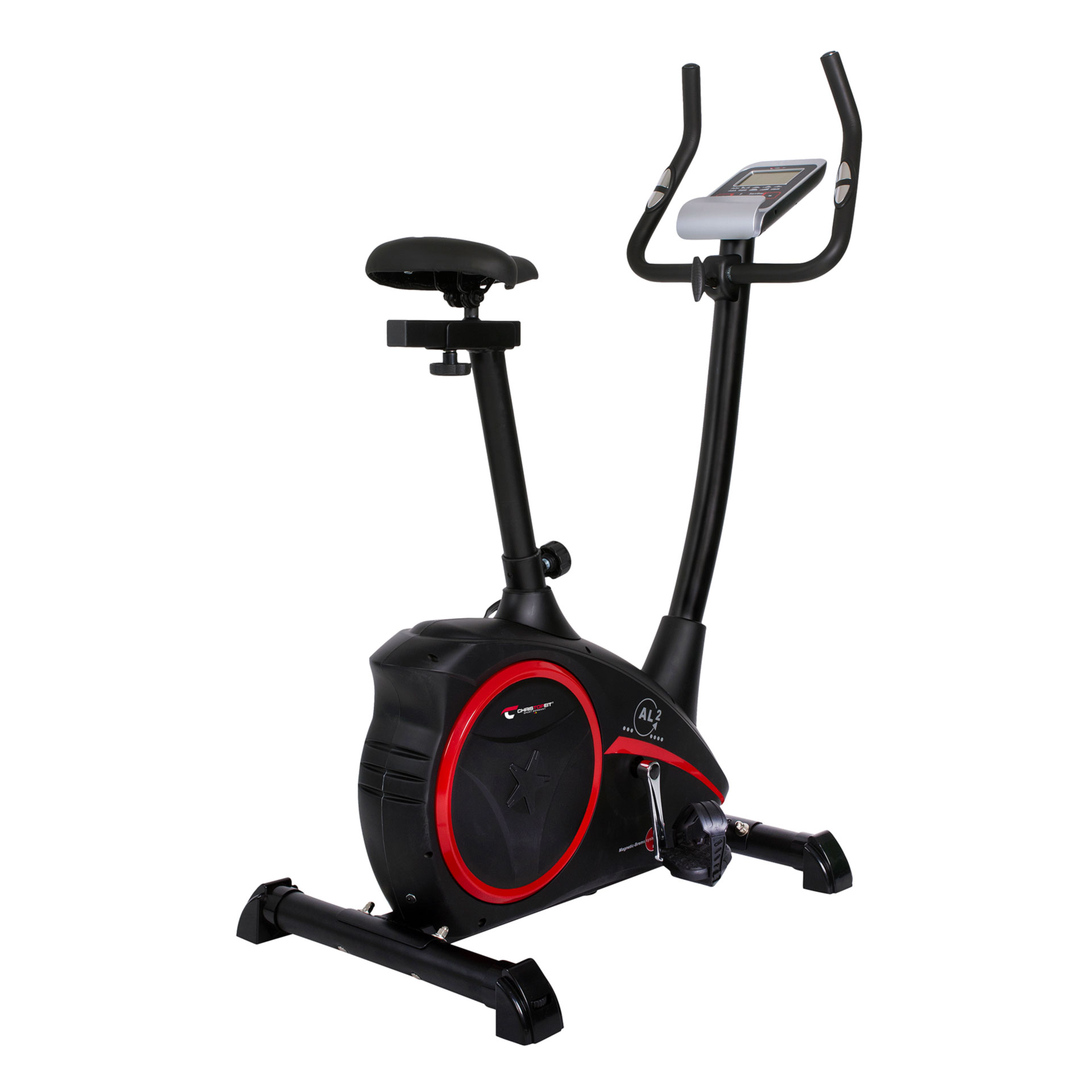 Heimtrainer, schwarz und rot. Weißer Hintergrund.