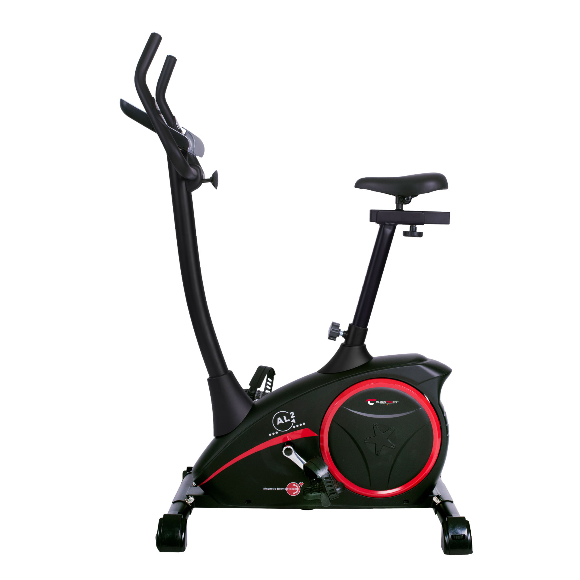 Ein Heimtrainer mit einem schwarz-roten Farbschema. Das Fahrrad steht auf weißem Hintergrund.