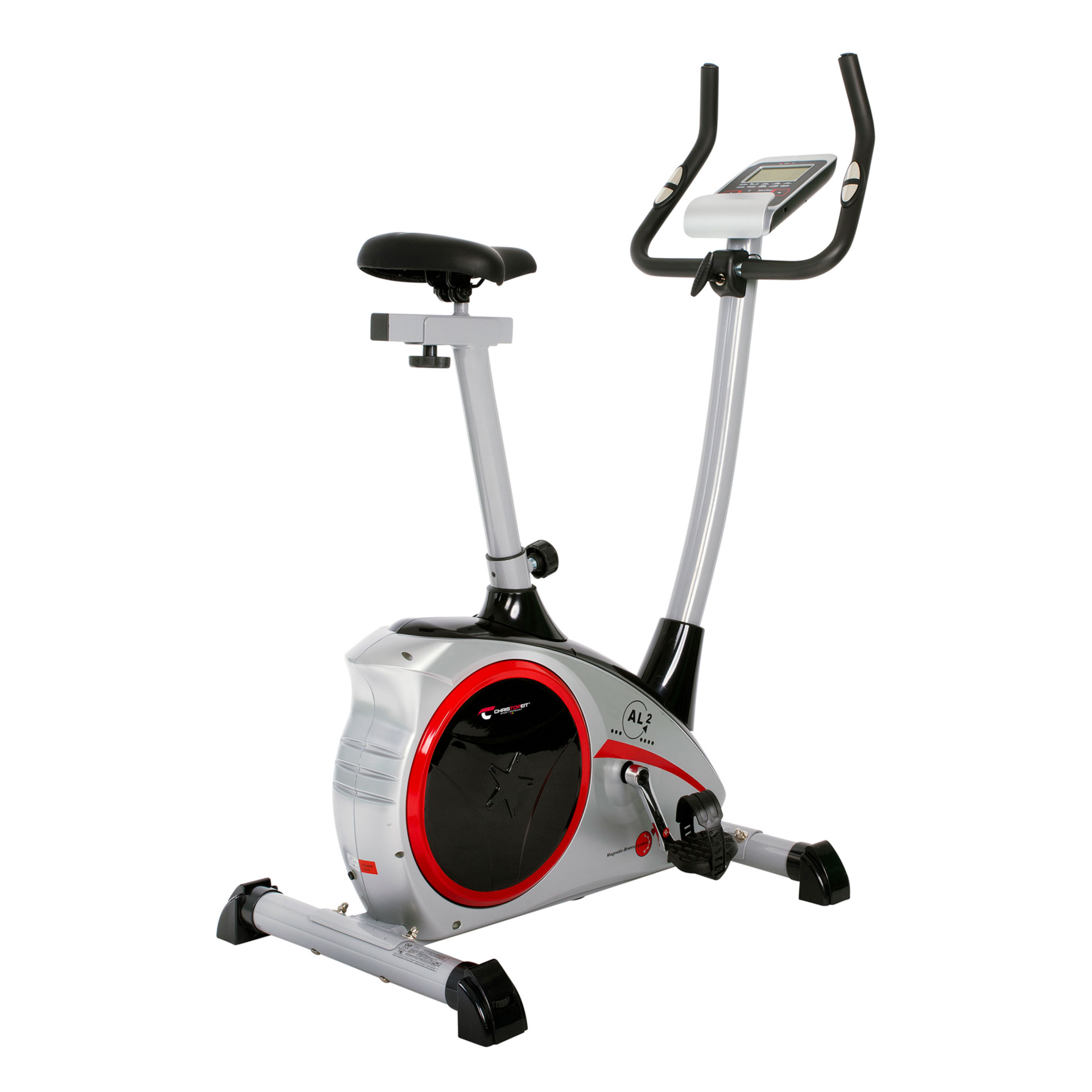 Stationäres Trainingsfahrrad, silber und schwarz mit roten Akzenten, auf weißem Hintergrund.