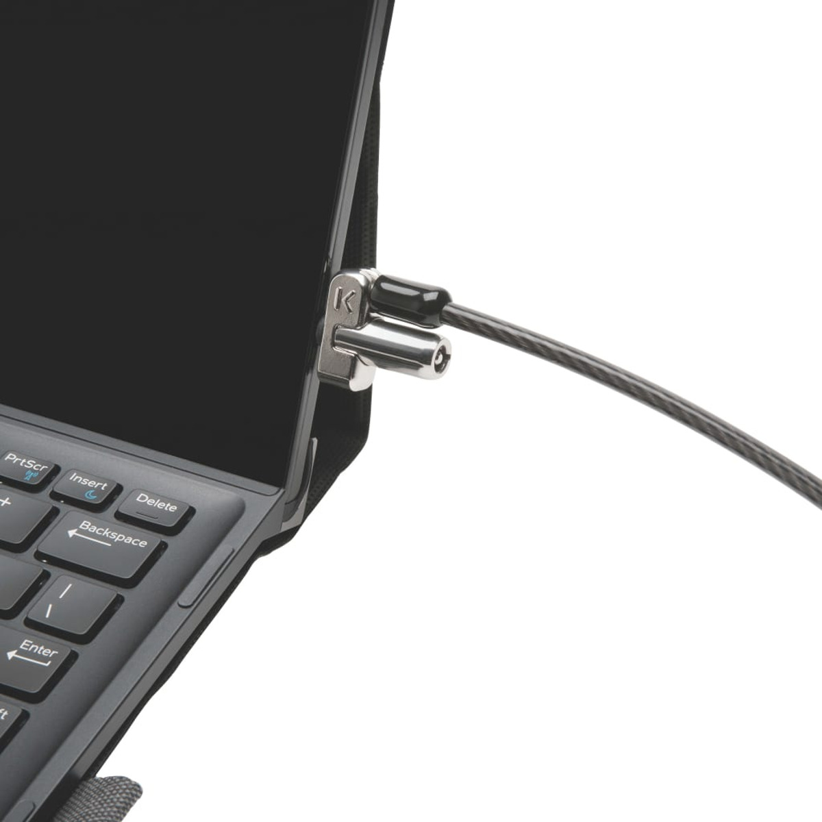 Laptop-Bildschirm mit silbernem Schloss und schwarzem Kabel gesichert.