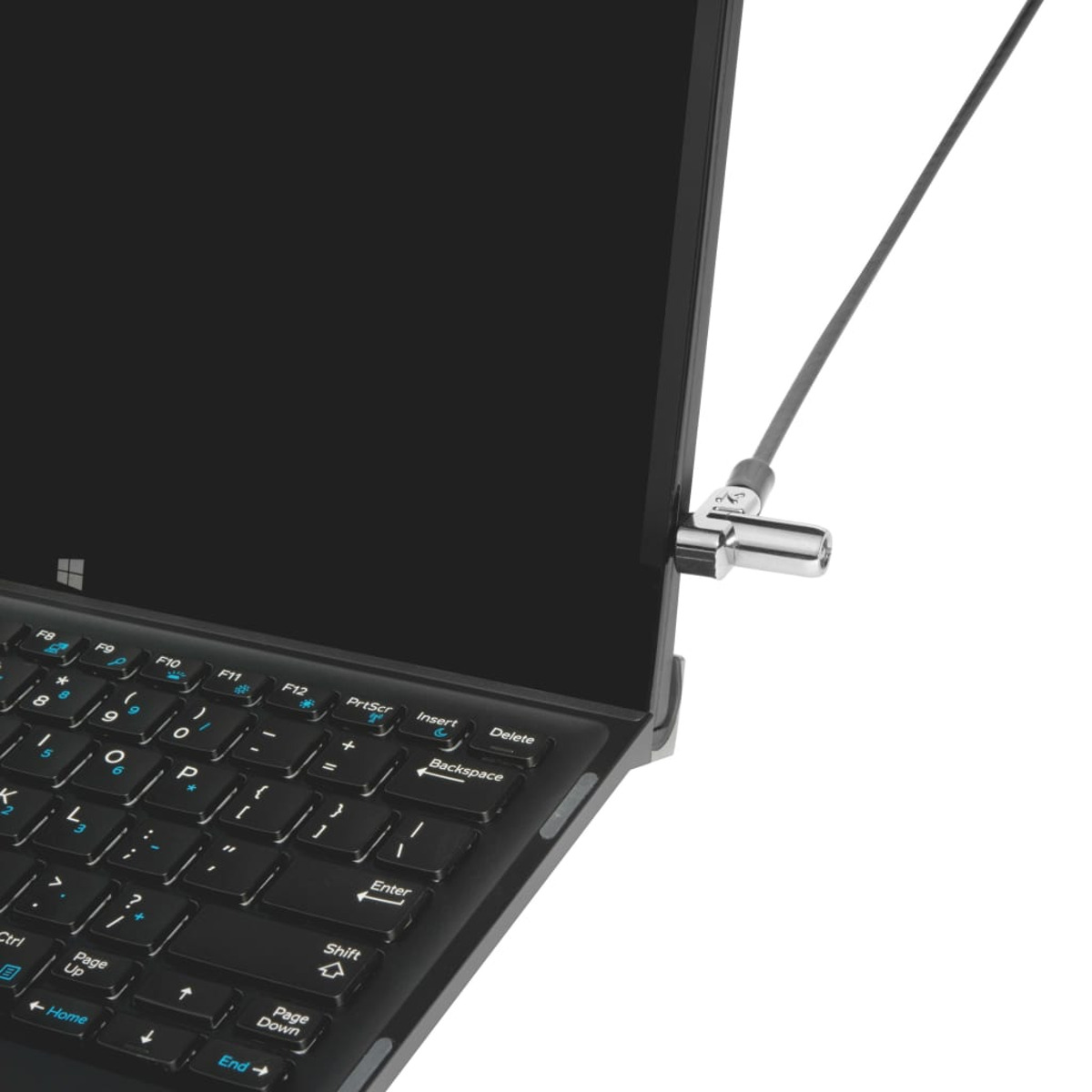 Laptop-Bildschirm mit silbernem Schloss und schwarzem Kabel gesichert.