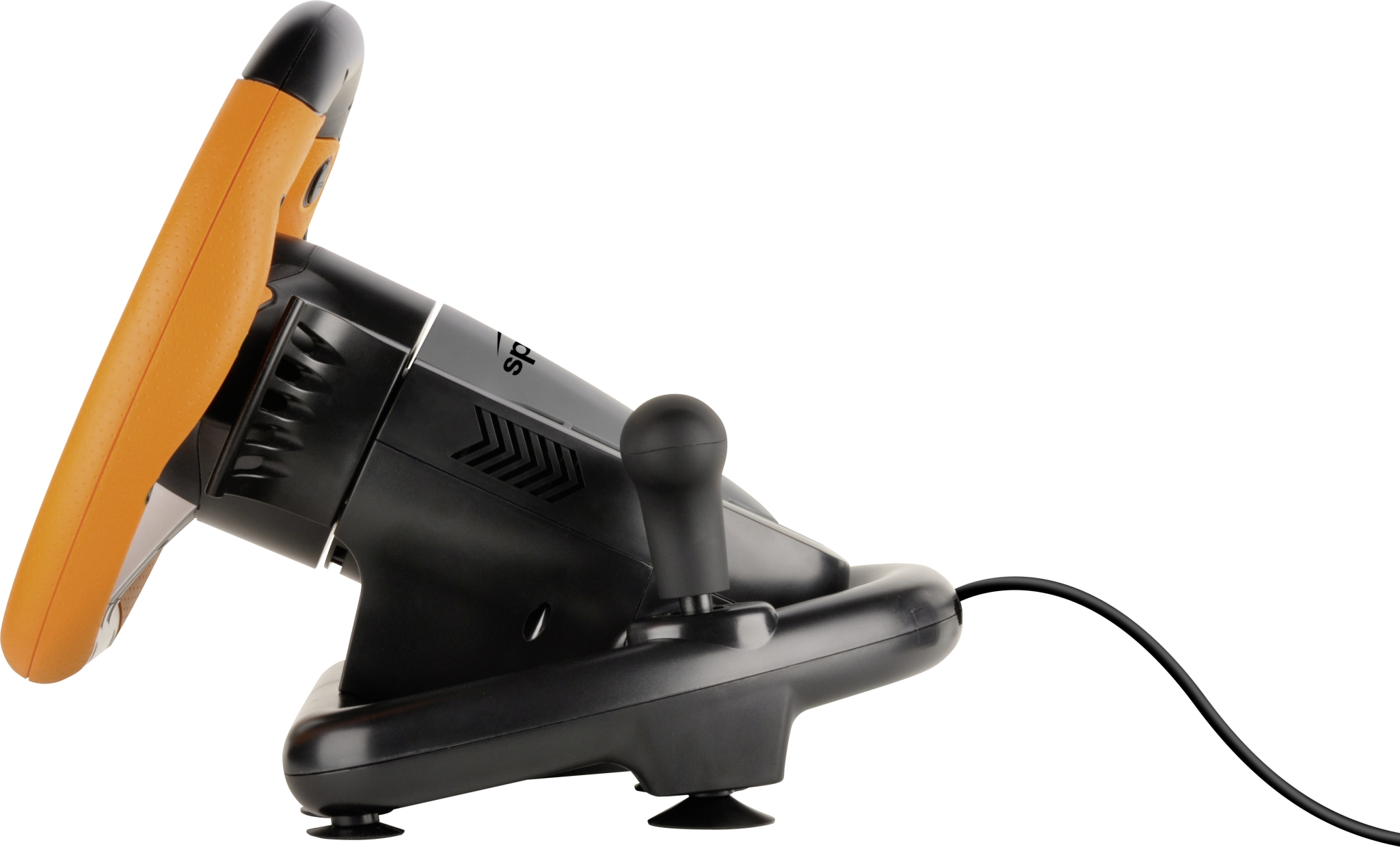 Volante da gioco con impugnatura arancione, corpo nero e joystick, visto lateralmente.