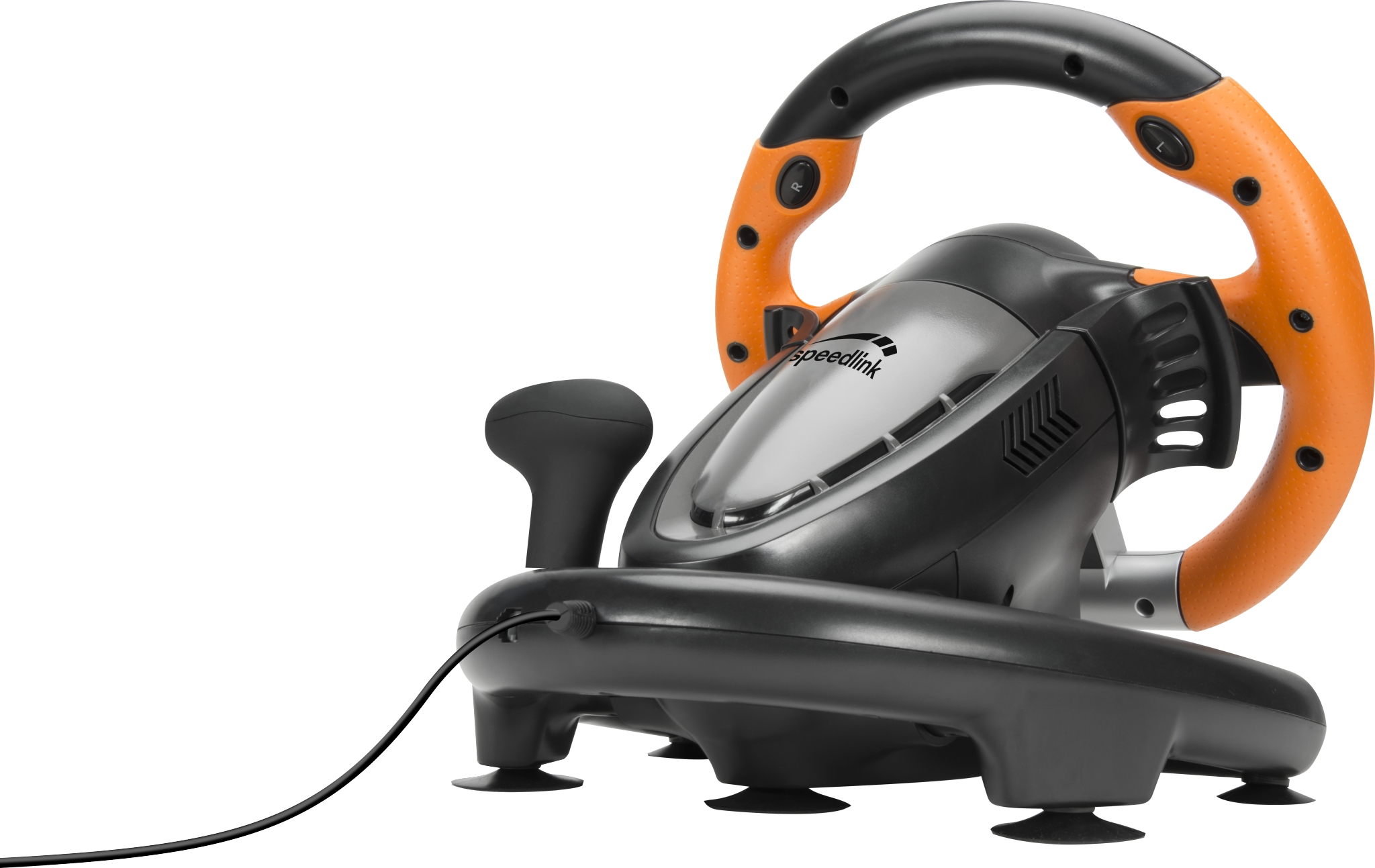 Un volante Speedlink nero e arancione per il gaming, con base nera e ventose.
