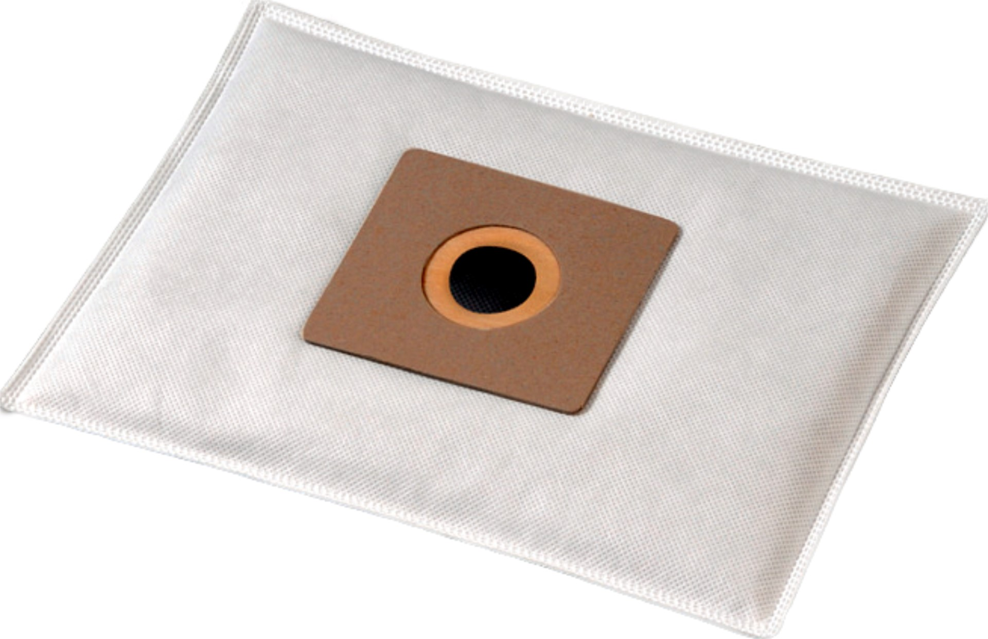 Weißer Staubsaugerbeutel mit braunem quadratischem Karton, schwarze Mitte. Weißer Hintergrund.