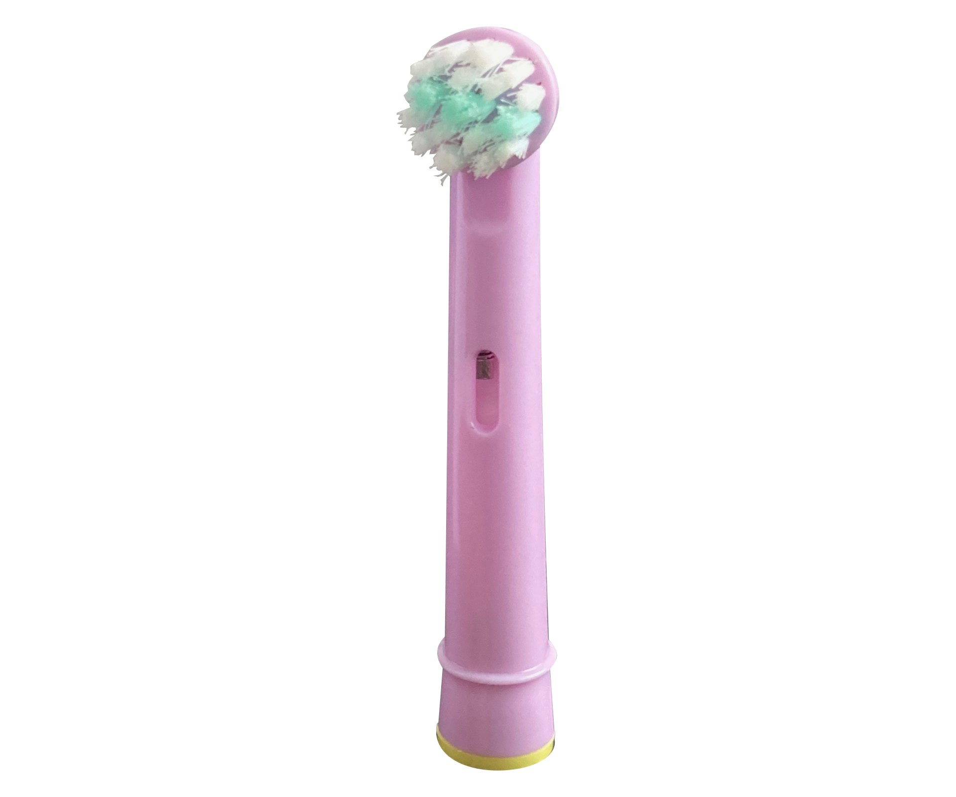 Ein rosa Zahnbürstenkopf mit grünen und weißen Borsten. Er hat einen rosa Griff und einen gelben Sockel.