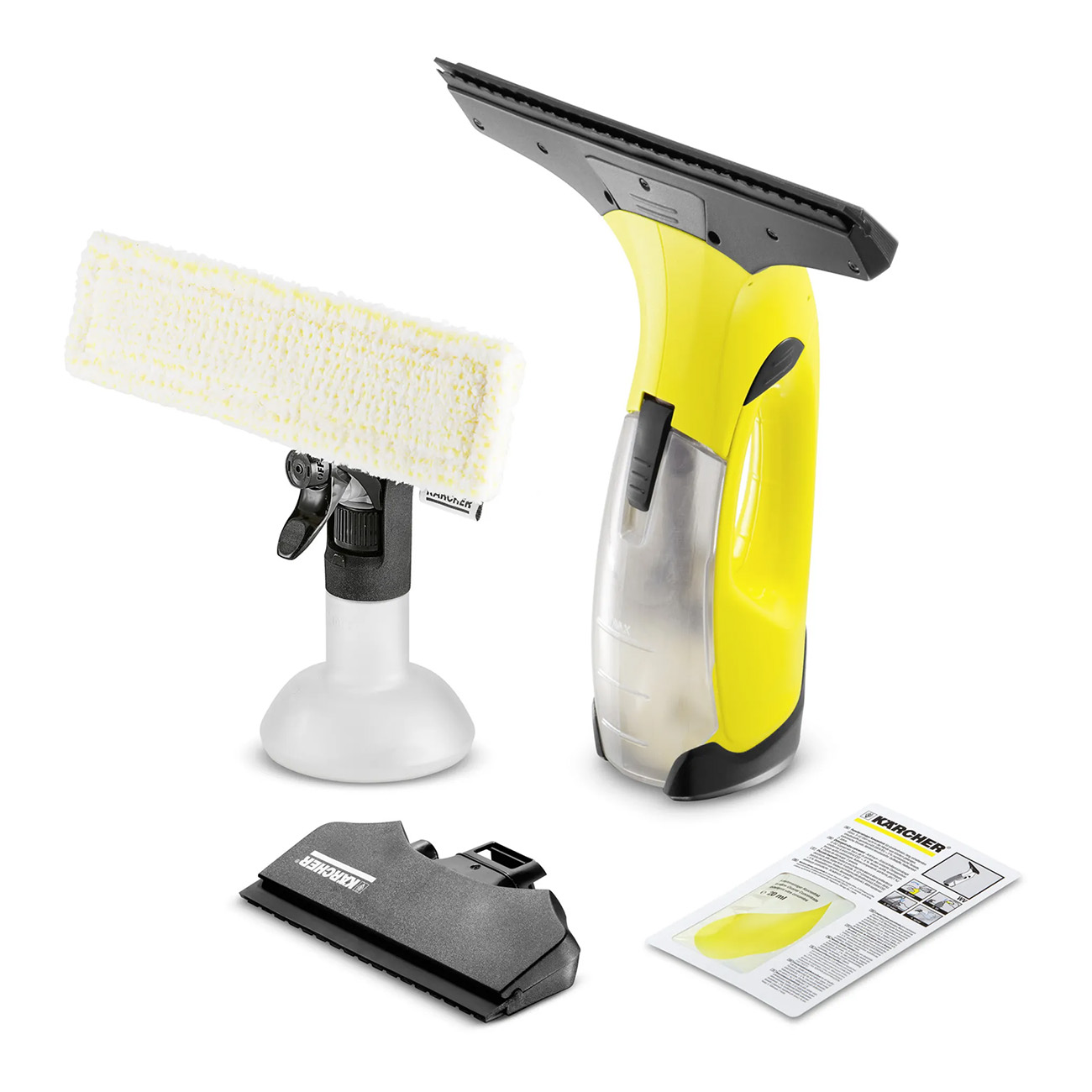 Set per la pulizia dei vetri. Include spruzzatore con panno, tergivetro, raschietto e foglio di istruzioni.