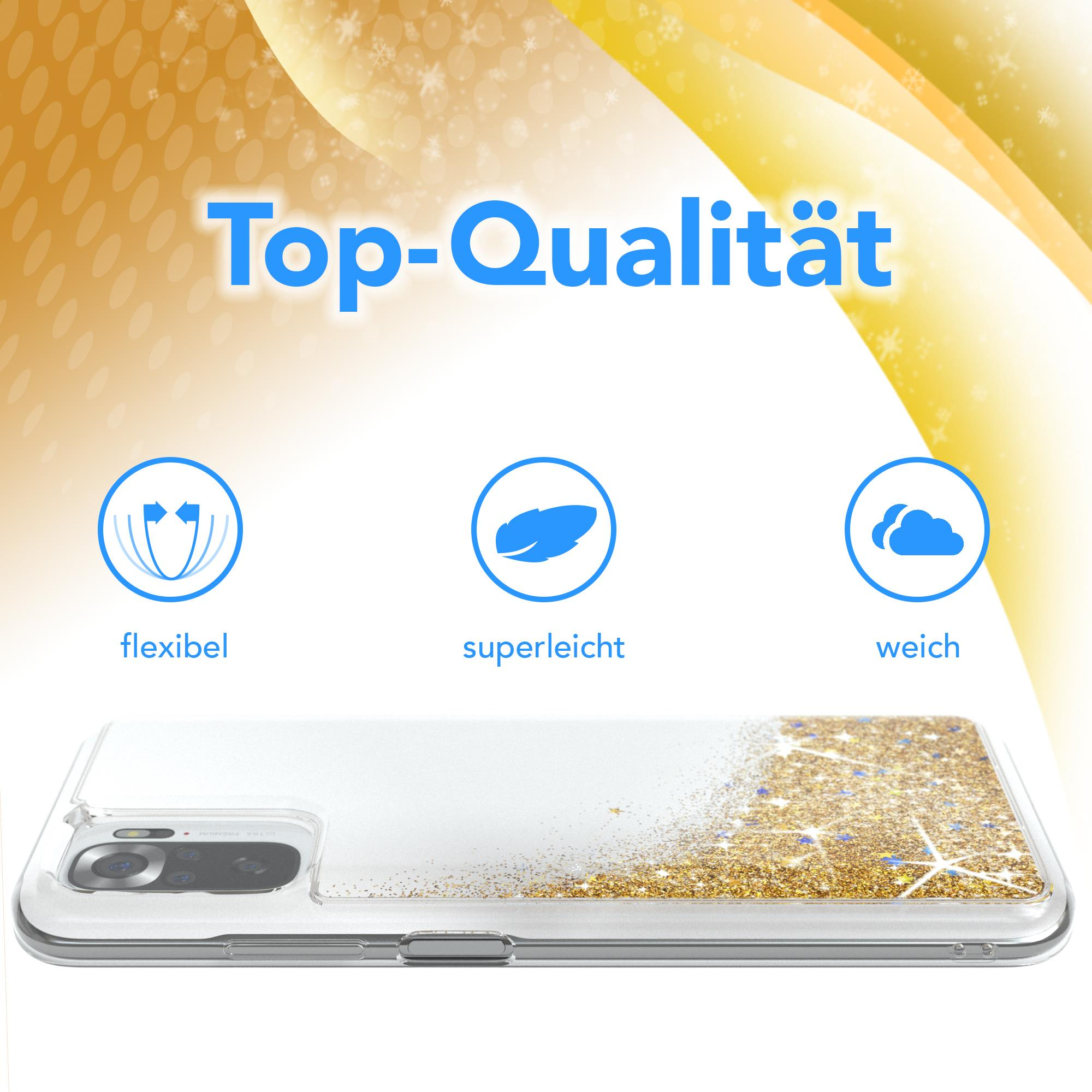 Handyhülle mit goldenem Glitzer auf weißem Hintergrund.