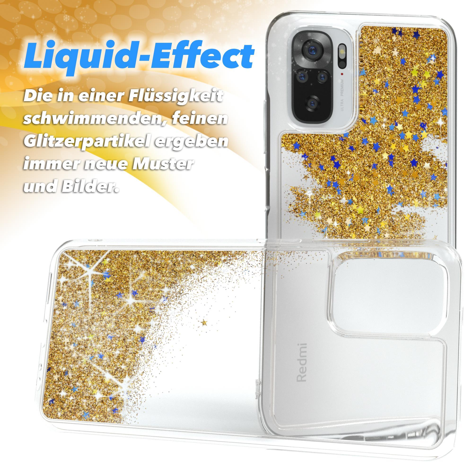 Eine Handyhülle mit Flüssigkeitseffekt. Sie enthält goldenen Glitzer und Sterne.
