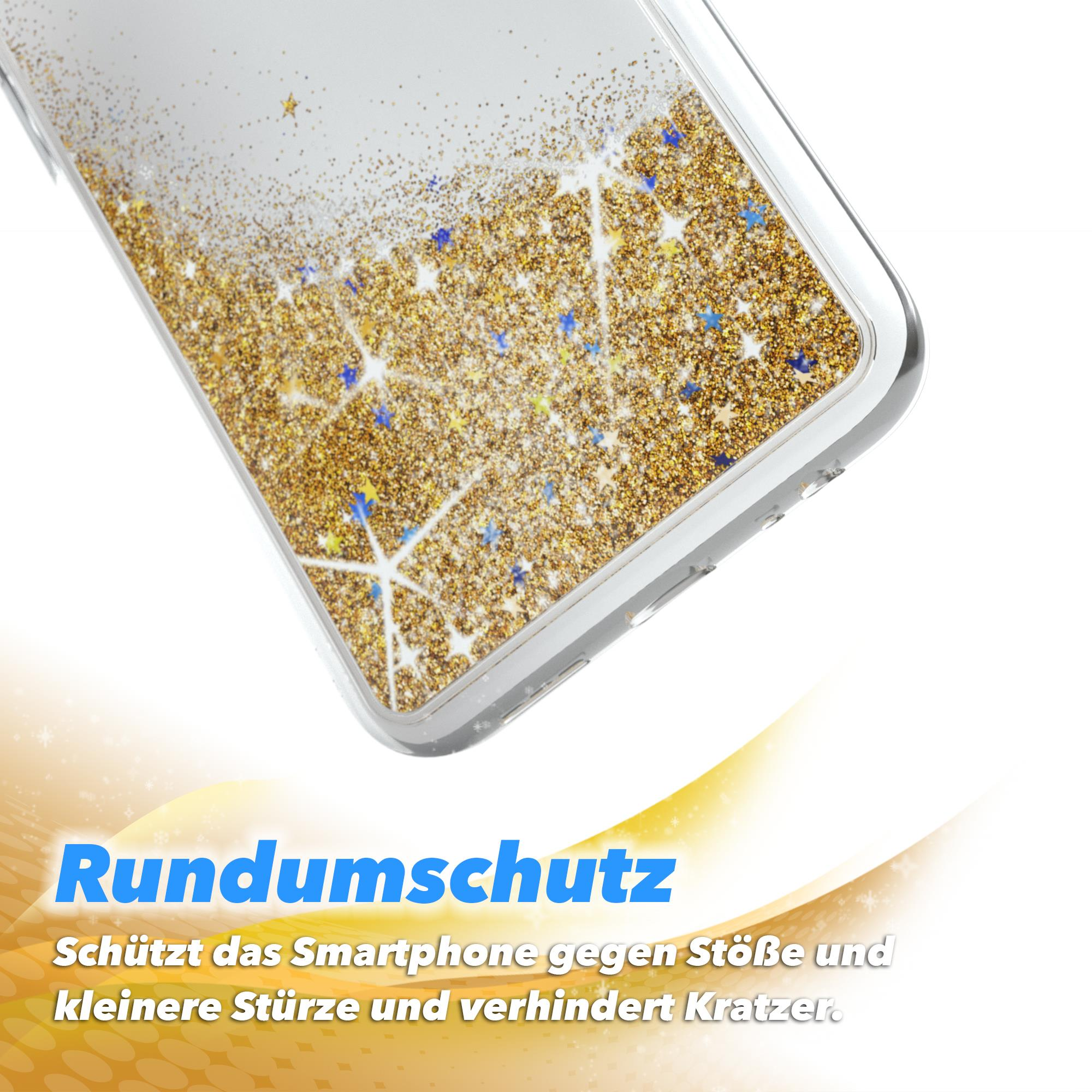 Eine transparente Handyhülle mit goldenem Glitzer, schützt vor Stößen und Kratzern.