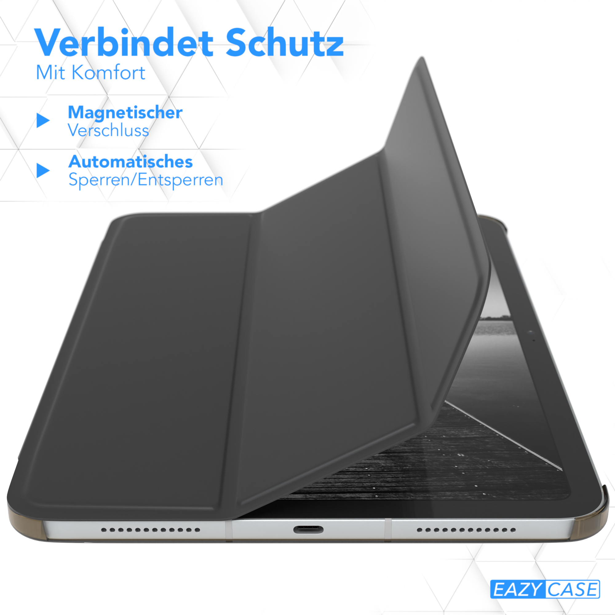 Ein Tablet mit schwarzer Hülle, die Hülle teilweise geöffnet, zeigt den Tablettbildschirm.