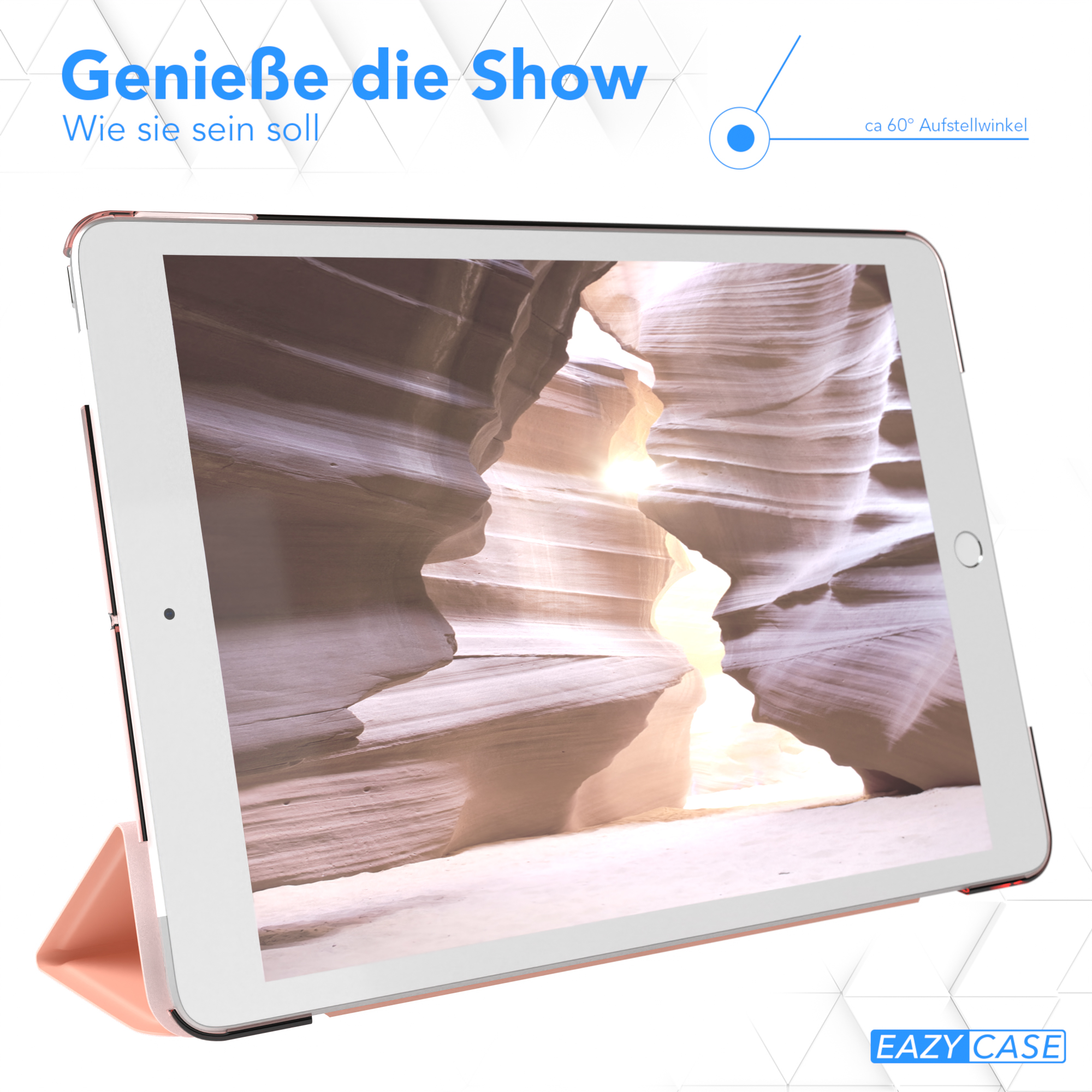 Ein Tablet in einem rosa Etui. Der Bildschirm zeigt eine Canyon-Landschaft. Text sagt: „Genieße die Show“.