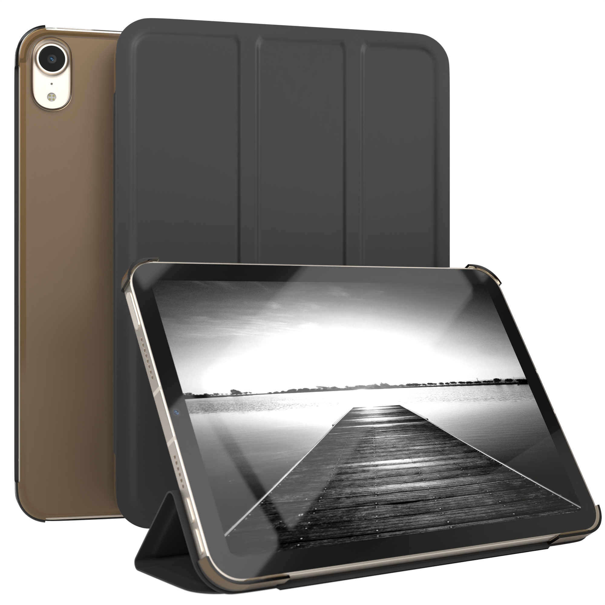 Tablet mit Hülle und Case. Das Tablet steht auf einer weißen Oberfläche.