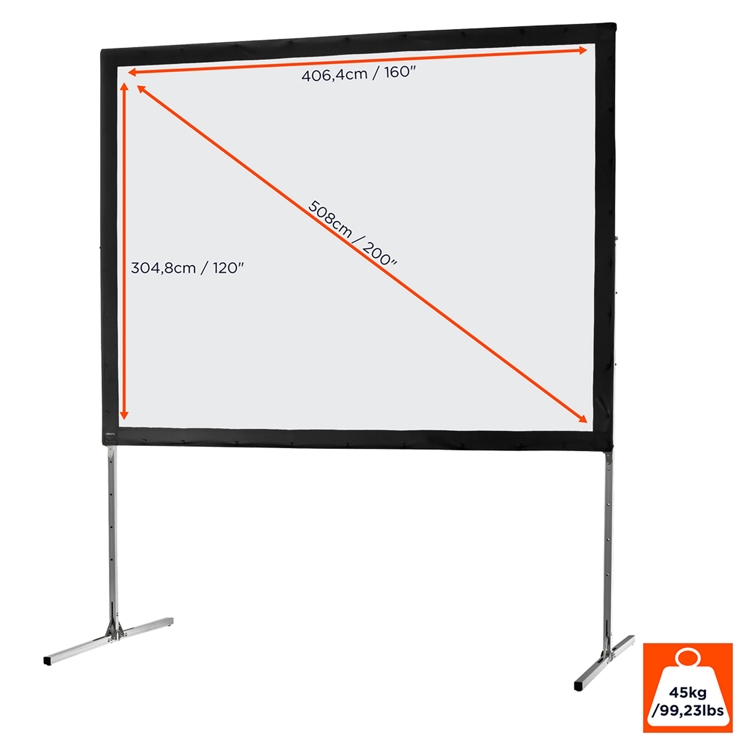 Weiße Projektorleinwand mit schwarzen Rändern und Ständer. Maße in Zentimetern und Zoll sind angegeben.