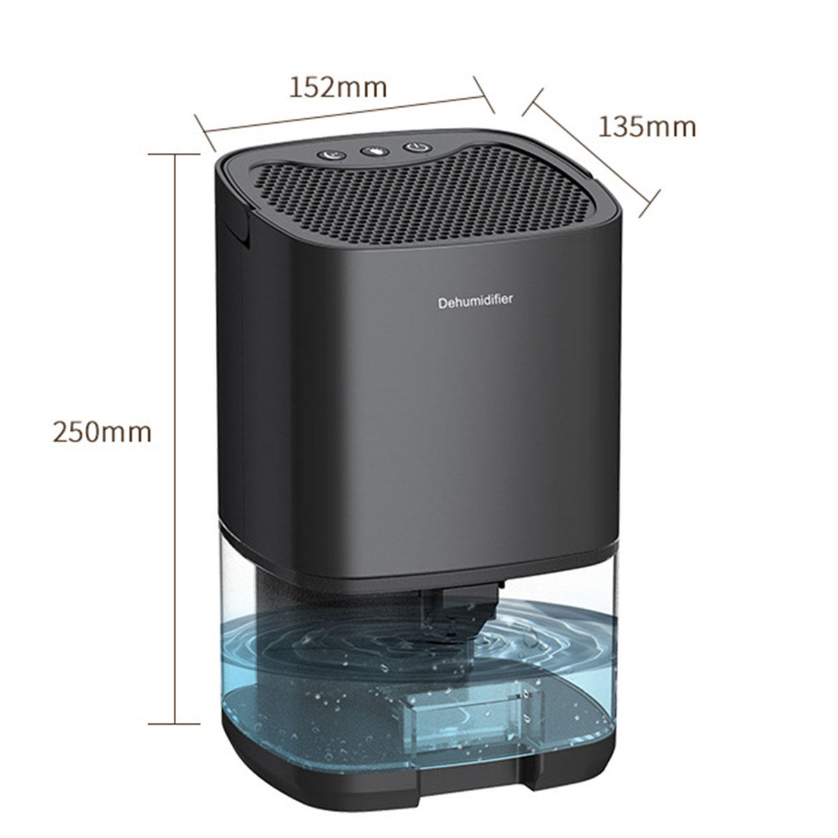 Czarny osuszacz z wymiarami: 250mm wysokości, 152mm szerokości, 135mm głębokości.