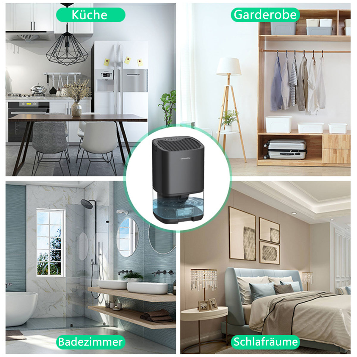 Osuszacz w wielu ustawieniach: kuchnia, garderoba, łazienka i sypialnia. Tekst w każdym ustawieniu.