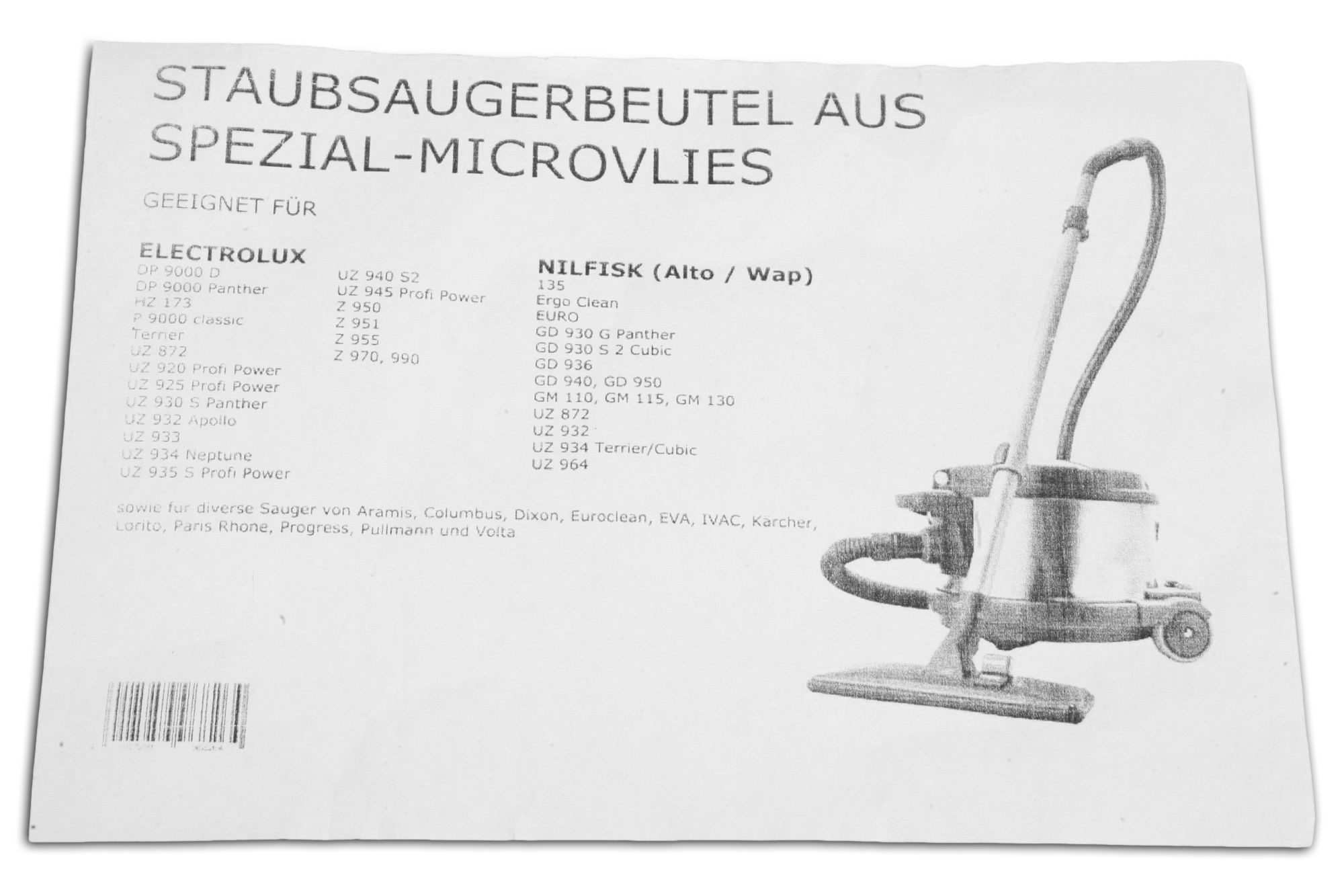 10 Staubsaugerbeutel Z951 STAUBSAUGERLADEN.DE für UZ 920, 925, 930, Staubbeutel Elextrolux