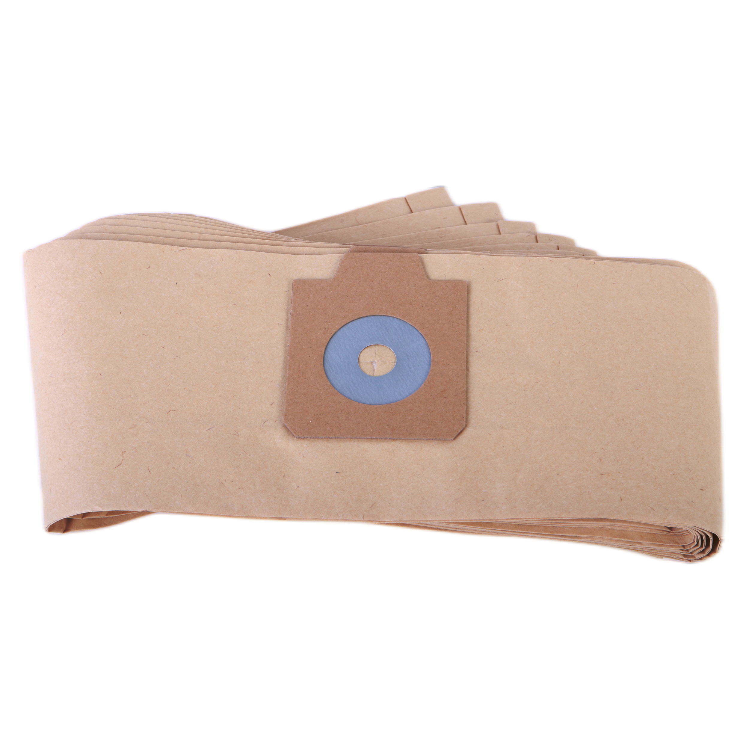 Gefalteter, brauner Staubsaugerbeutel mit blau-brauner Mitte und beigem Papier.