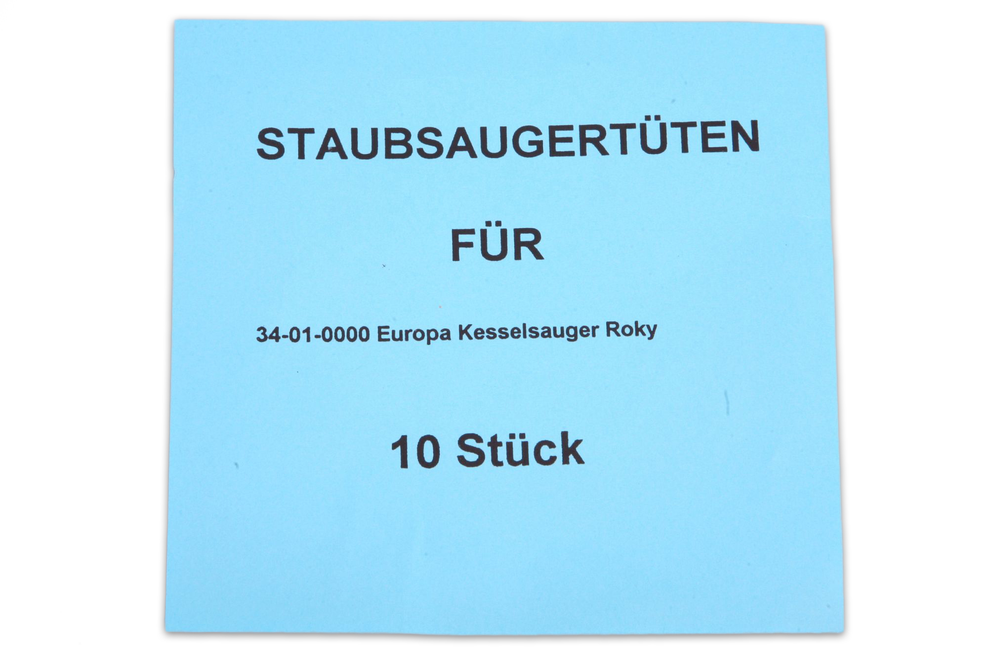 Blaues Papier mit deutschem Text: Staubsaugerbeutel, 10 Stück, auf Weiß.