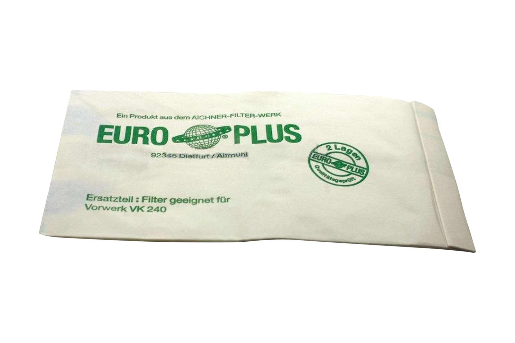 Ein weißer Papierfilter mit grünem Text, für einen Staubsauger.