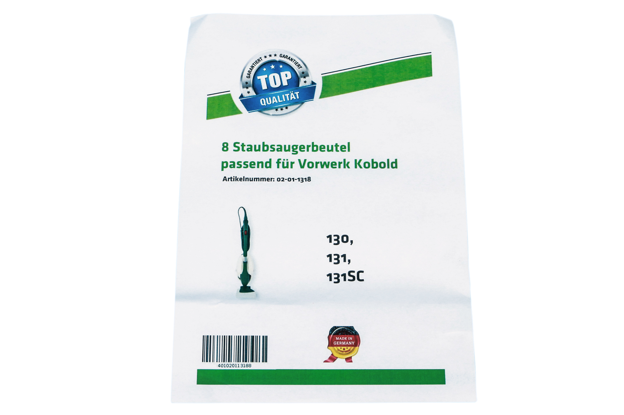 Staubsaugerbeutel mit Top-Qualität-Aufkleber und Produktdetails auf weißem Hintergrund.