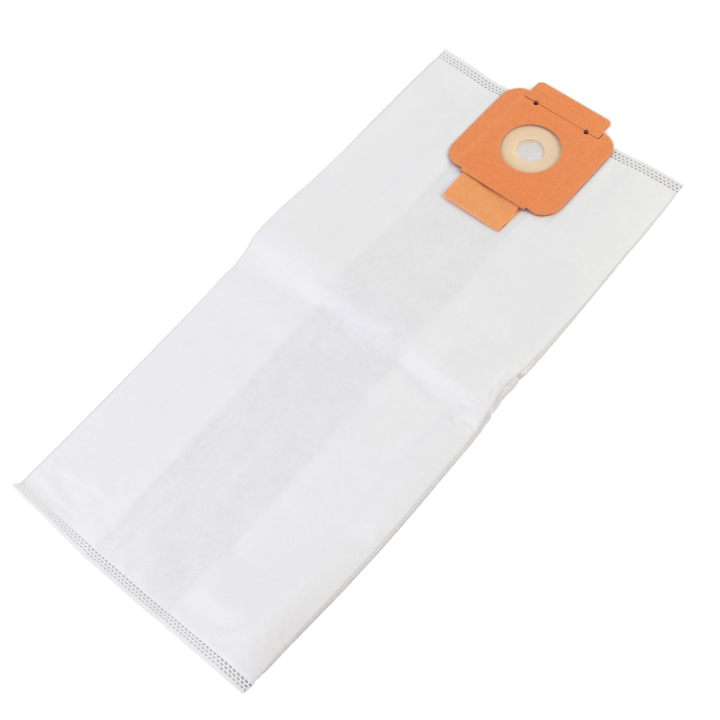 Ein weißer Staubsaugerbeutel mit einem orangefarbenen Filteranschluss.
