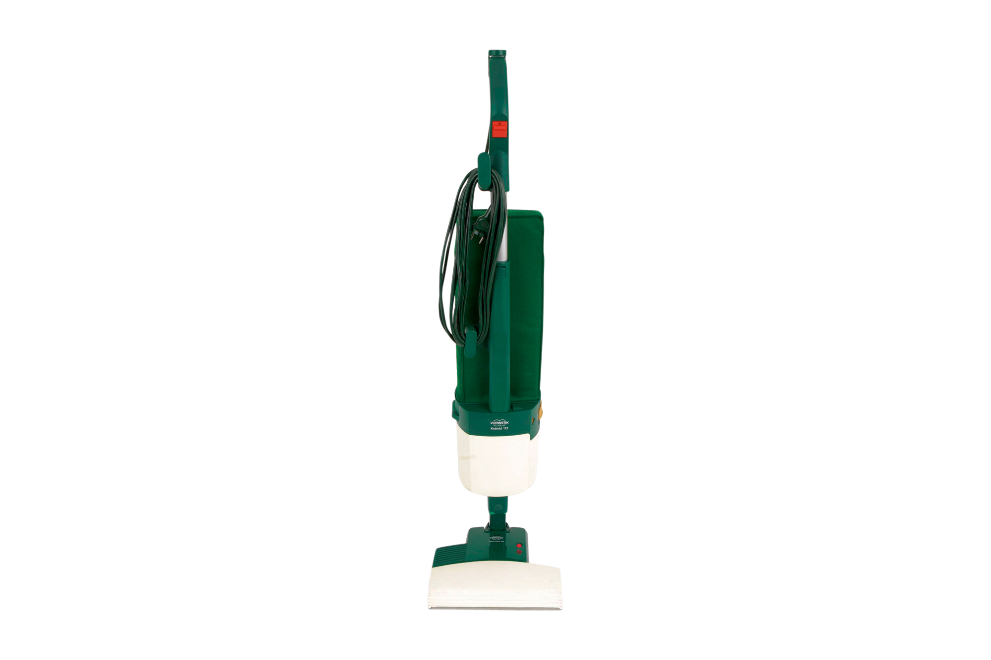 Grüner Staubsauger auf weißem Hintergrund. Langer Griff, kastenförmiges Design. Isoliertes Objekt.