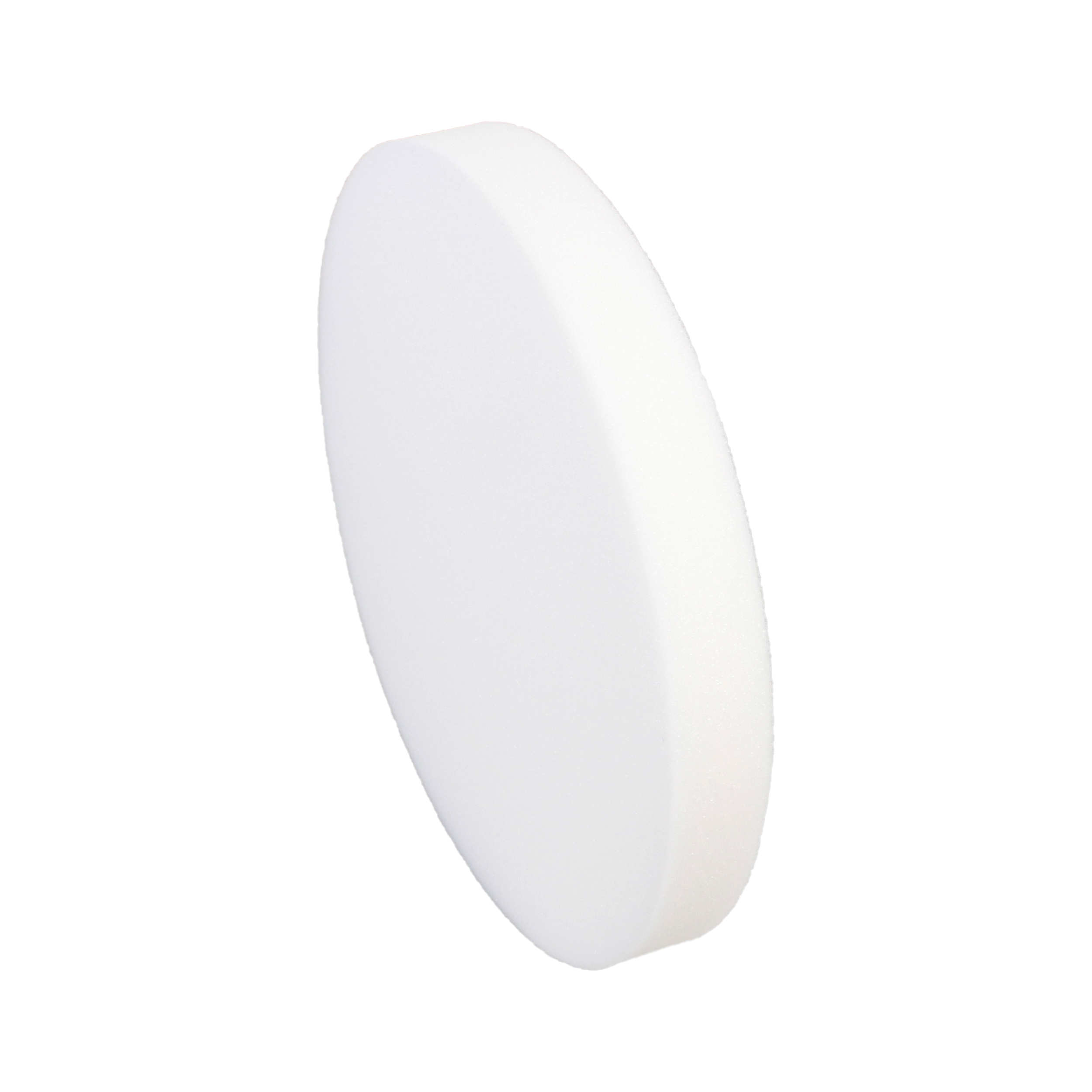 Ein weißes, oval geformtes Objekt, möglicherweise ein Licht oder ein Panel, vor weißem Hintergrund.