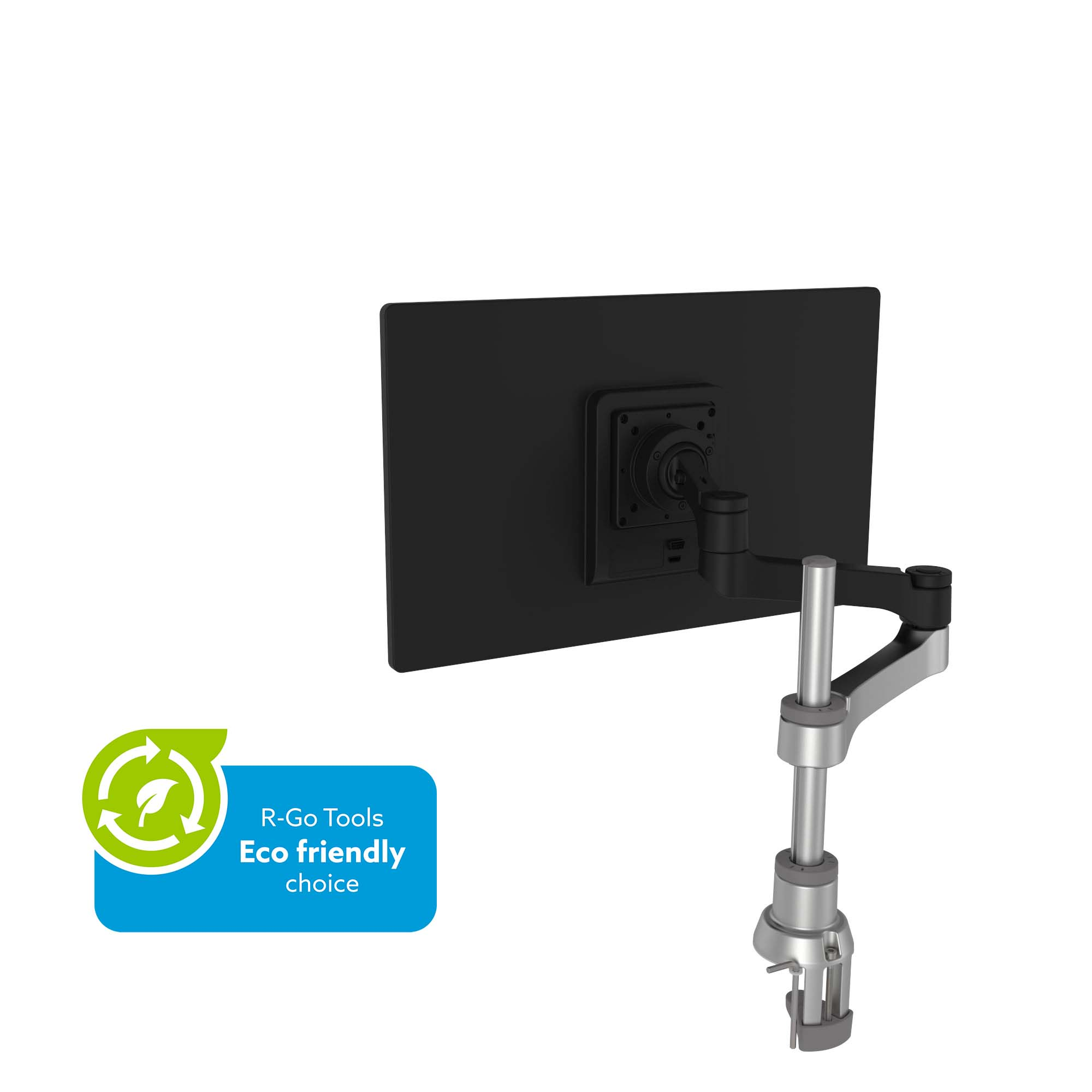 Monitorarm met een zwarte monitor en een groen milieuvriendelijk label. Op een witte achtergrond.