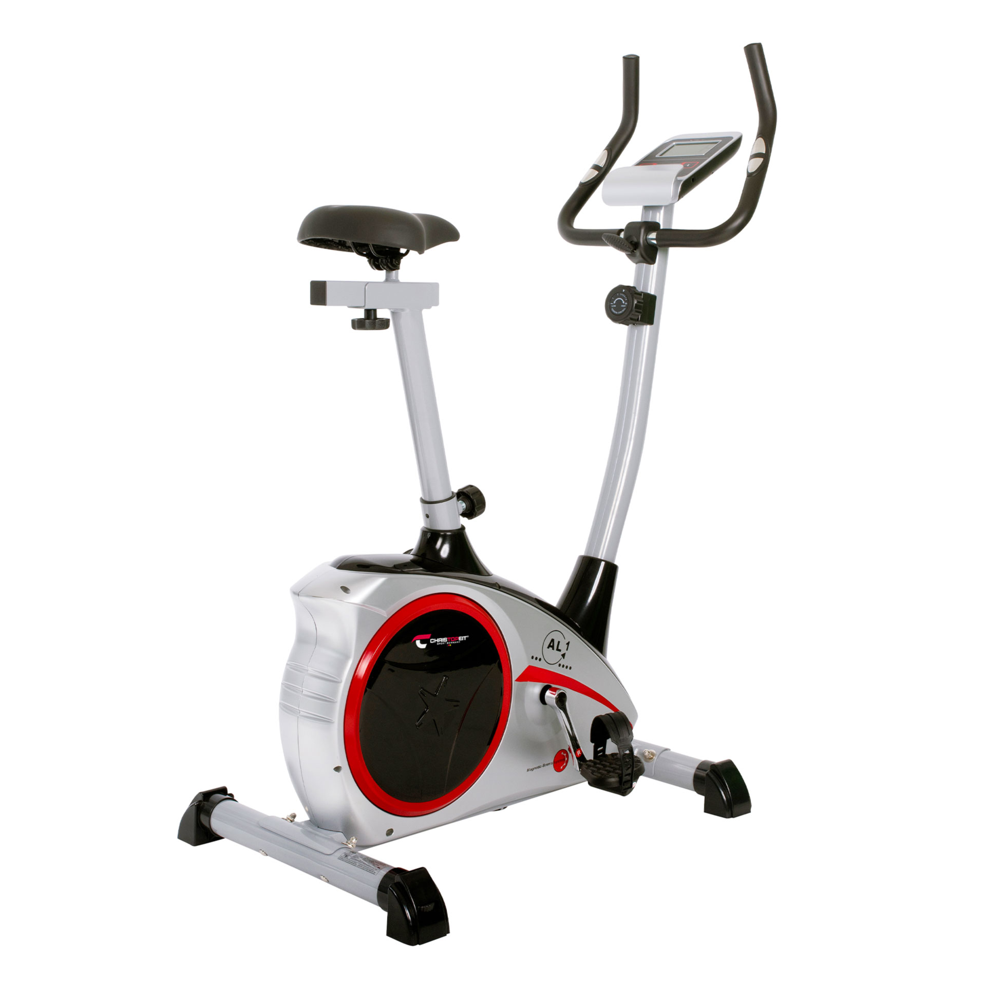 Heimtrainer, silber und schwarz, rote Akzente. Weißer Hintergrund.