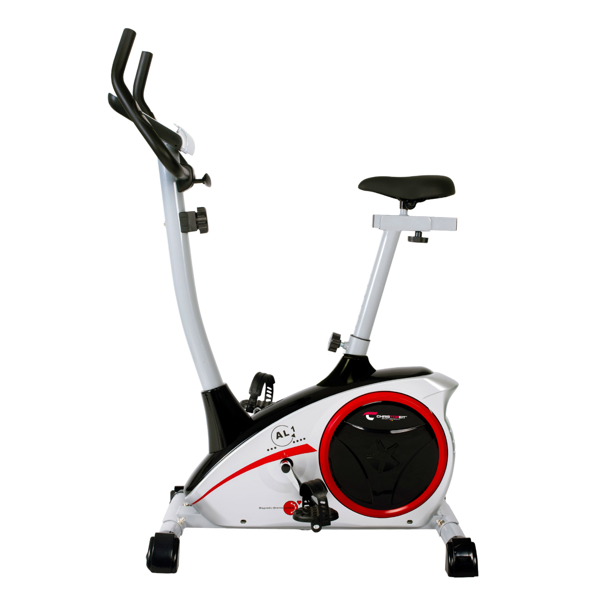 Heimtrainer, weiß und schwarz mit roten Akzenten, vor weißem Hintergrund.