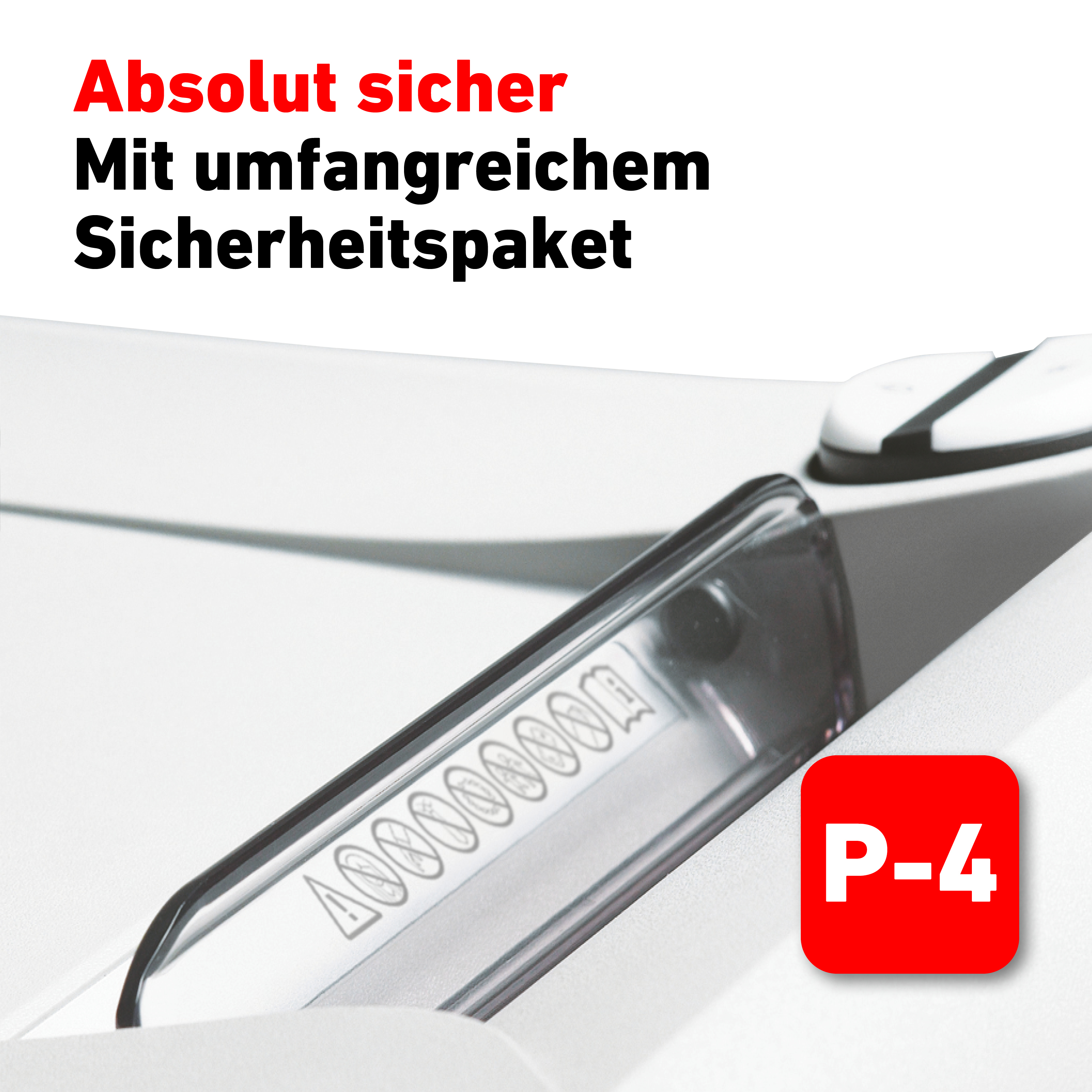Nahaufnahme eines weißen Produkts mit Sicherheitskennzeichnung und Text. Der Text lautet 'P-4'.
