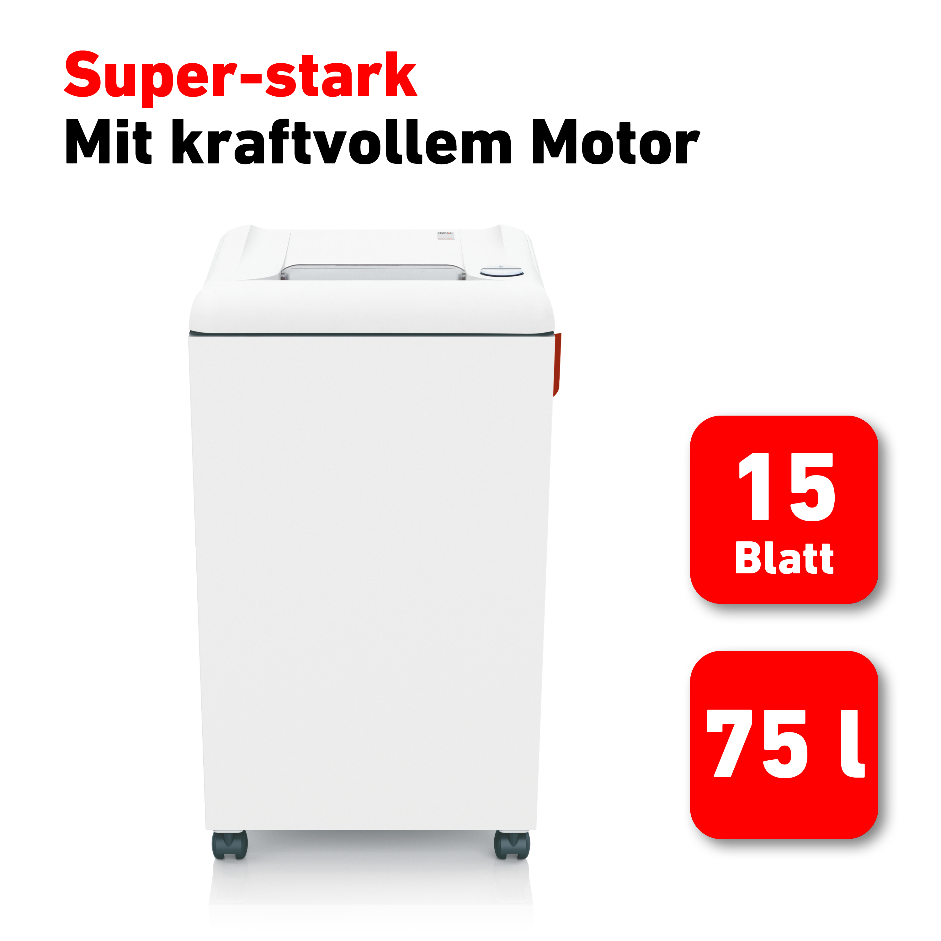 Ein weißer Aktenvernichter mit deutschem Text und zwei roten Quadraten mit Zahlen.