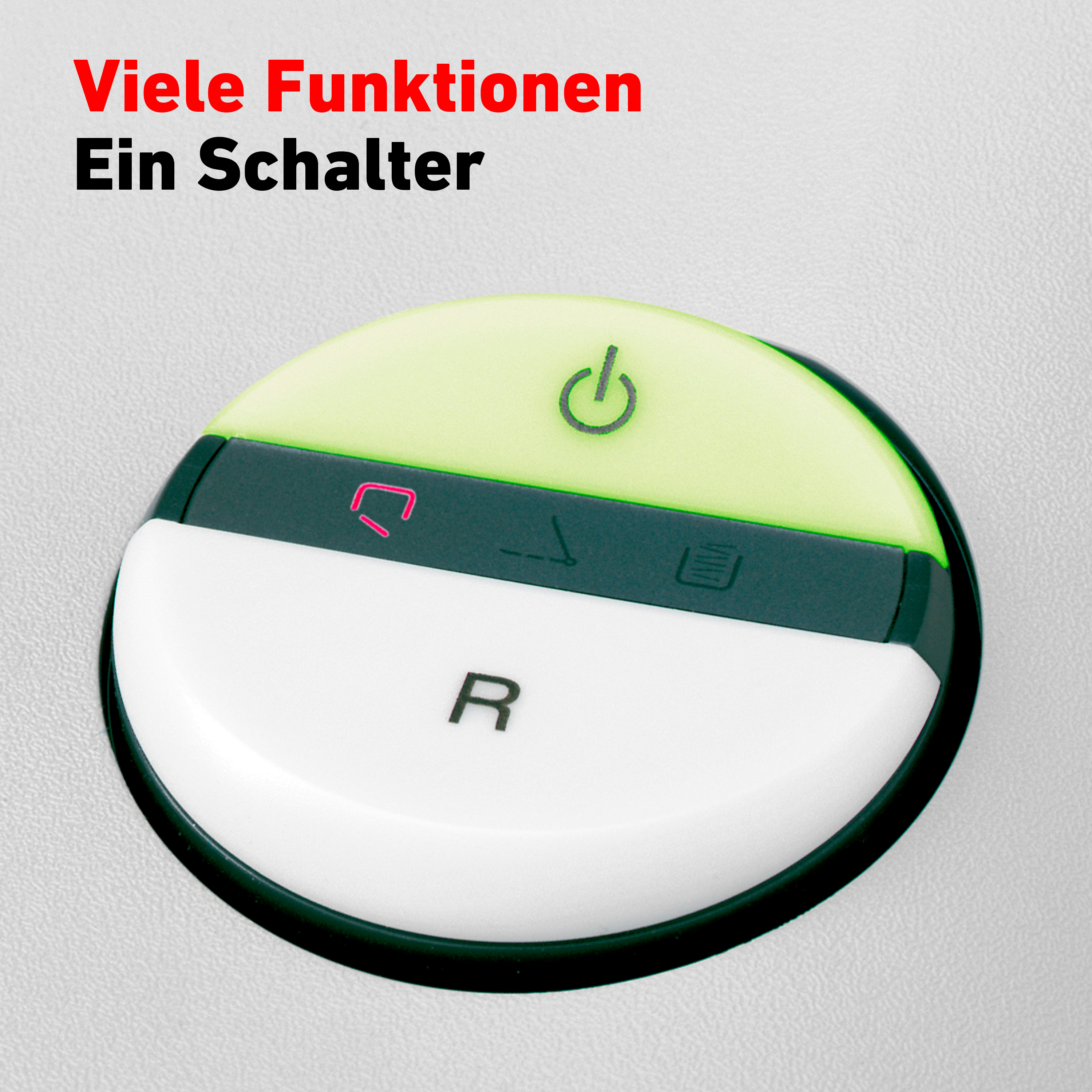 Weißer und grüner Knopf mit grünem Licht. Text auf Deutsch steht oben.