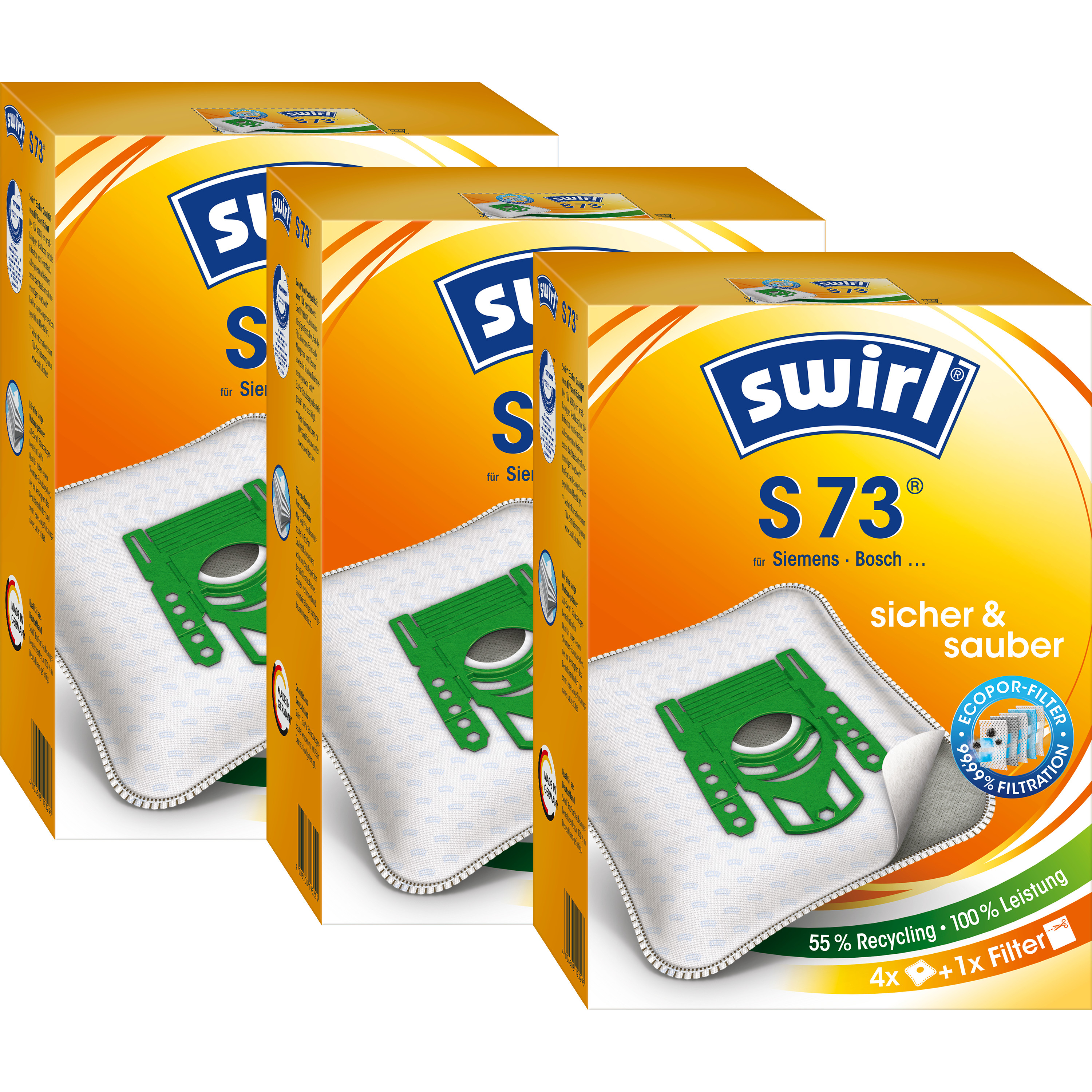 Drei Kartons mit Swirl S73 Staubsaugerbeuteln. Gelbe und weiße Verpackung.
