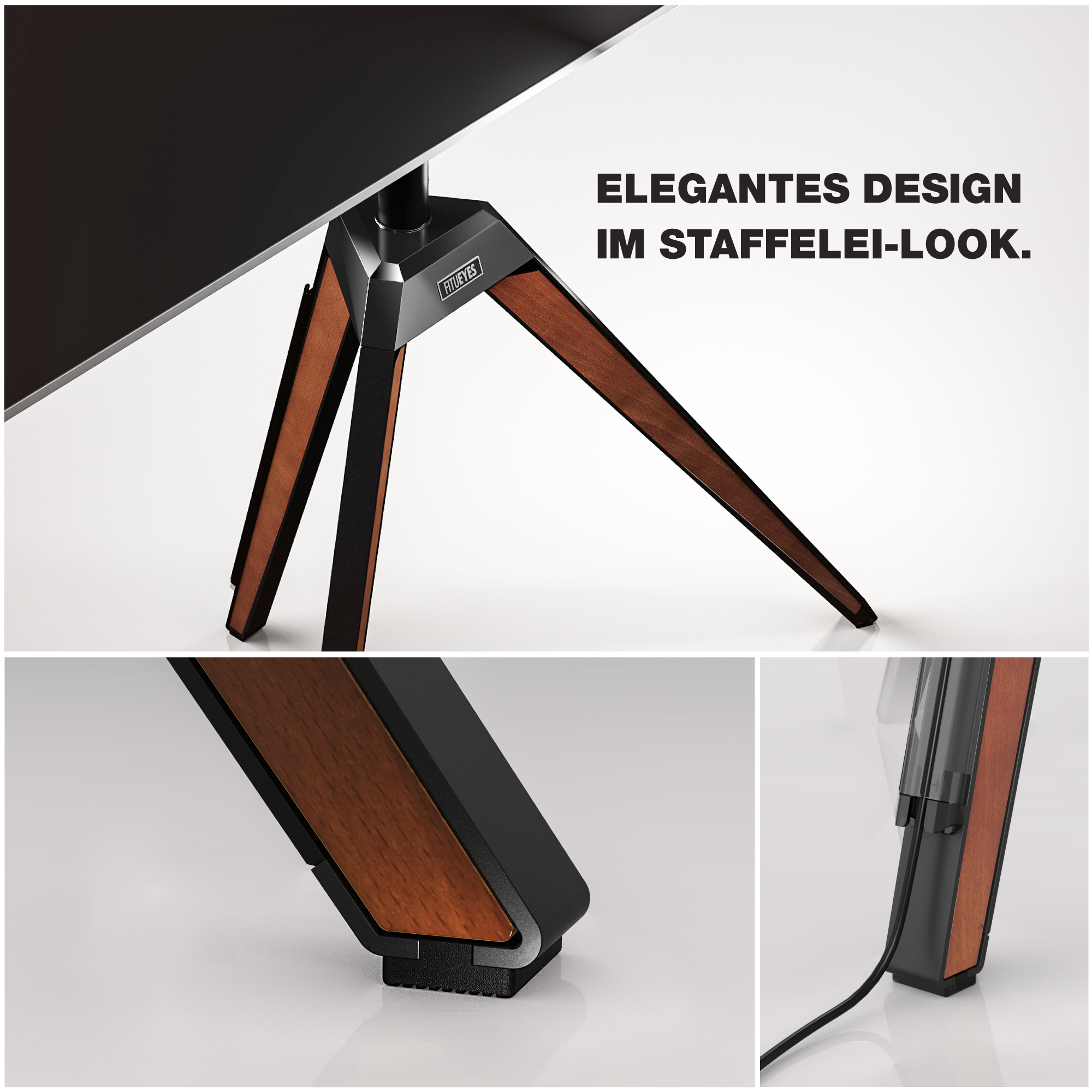 Ein Monitorständer mit elegantem Design. Holzbeine und schwarze Akzente. Nahaufnahmen.