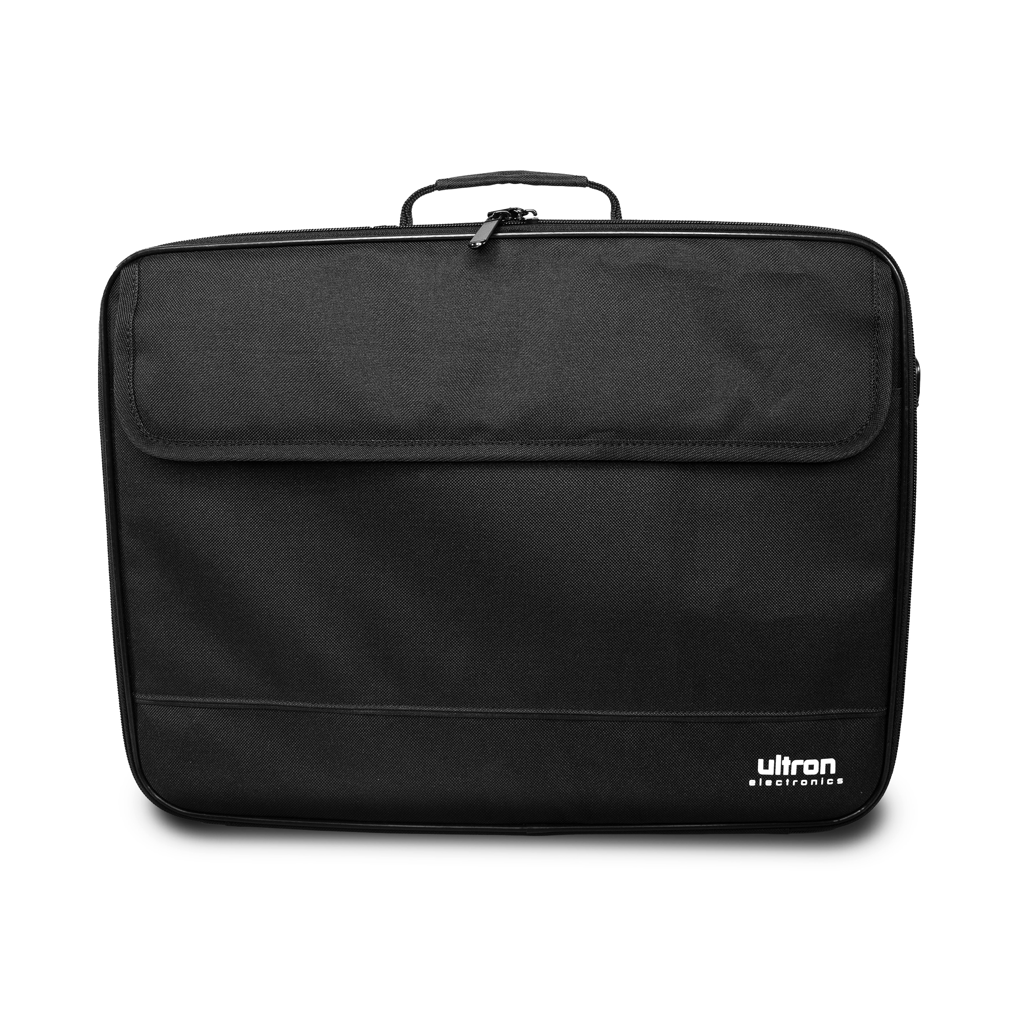 Borsa per laptop nera con manico, cerniera e logo 'Ultron electronics'.