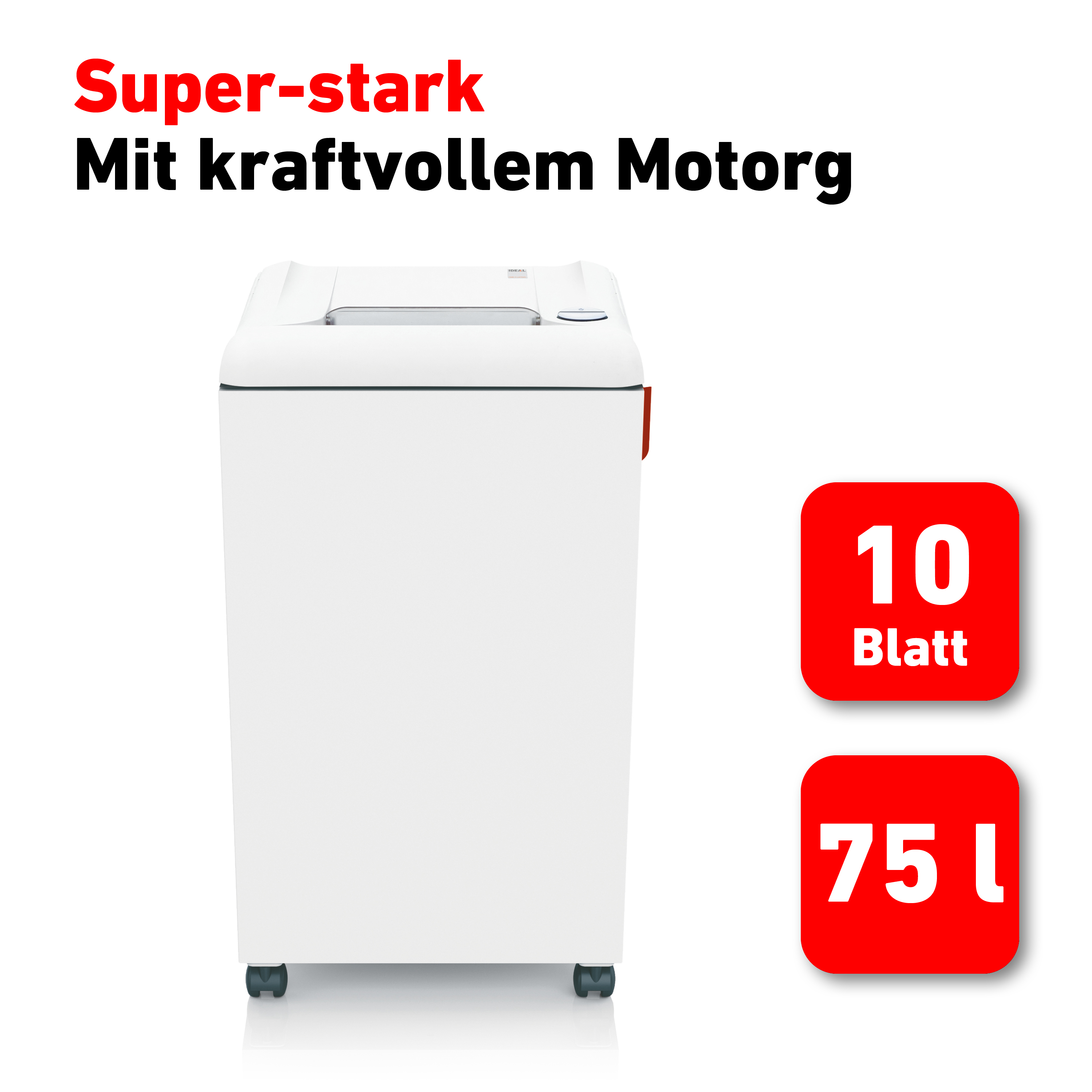 Weißer Aktenvernichter mit rotem Akzent und zwei roten Quadraten für Kapazität.
