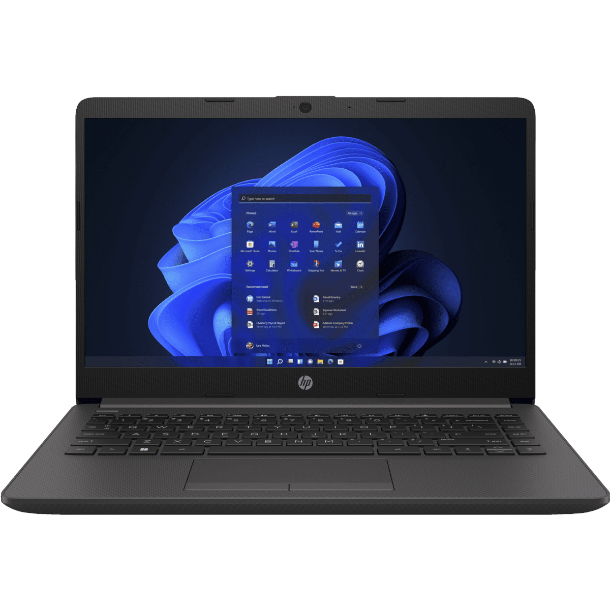 Laptop nero con schermo aperto che mostra software. Tastiera nera e scocca grigia. Sfondo bianco.