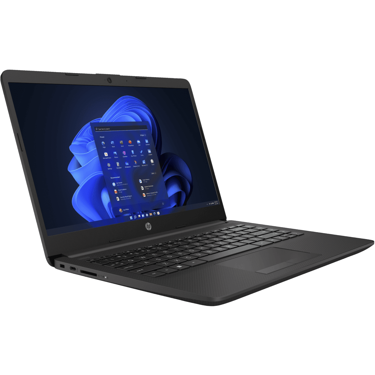 Laptop HP nero con interfaccia Windows 11 sullo schermo, su sfondo bianco.