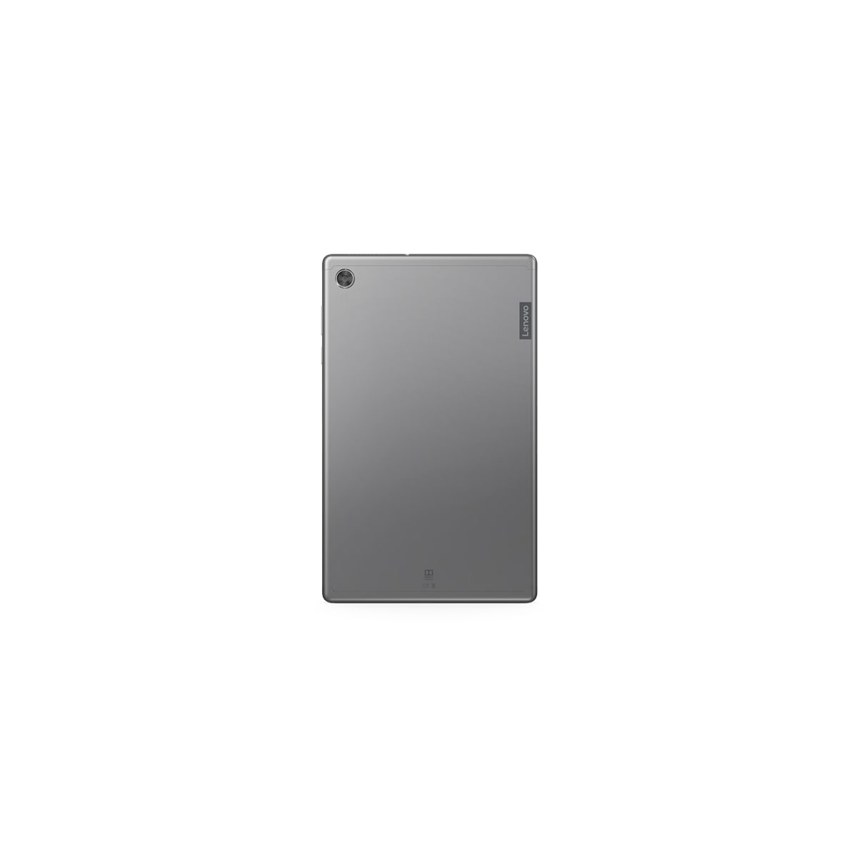 Graues Lenovo-Tablet, Rückansicht, mit Kameralinse und Lenovo-Logo auf weißem Hintergrund.