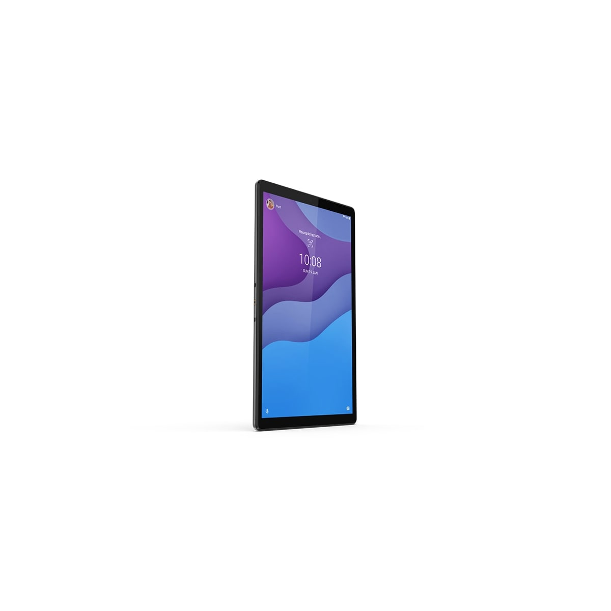 Ein schwarzes Tablet zeigt ein blaues und violettes Wellenmuster mit der Uhrzeit 10:08.
