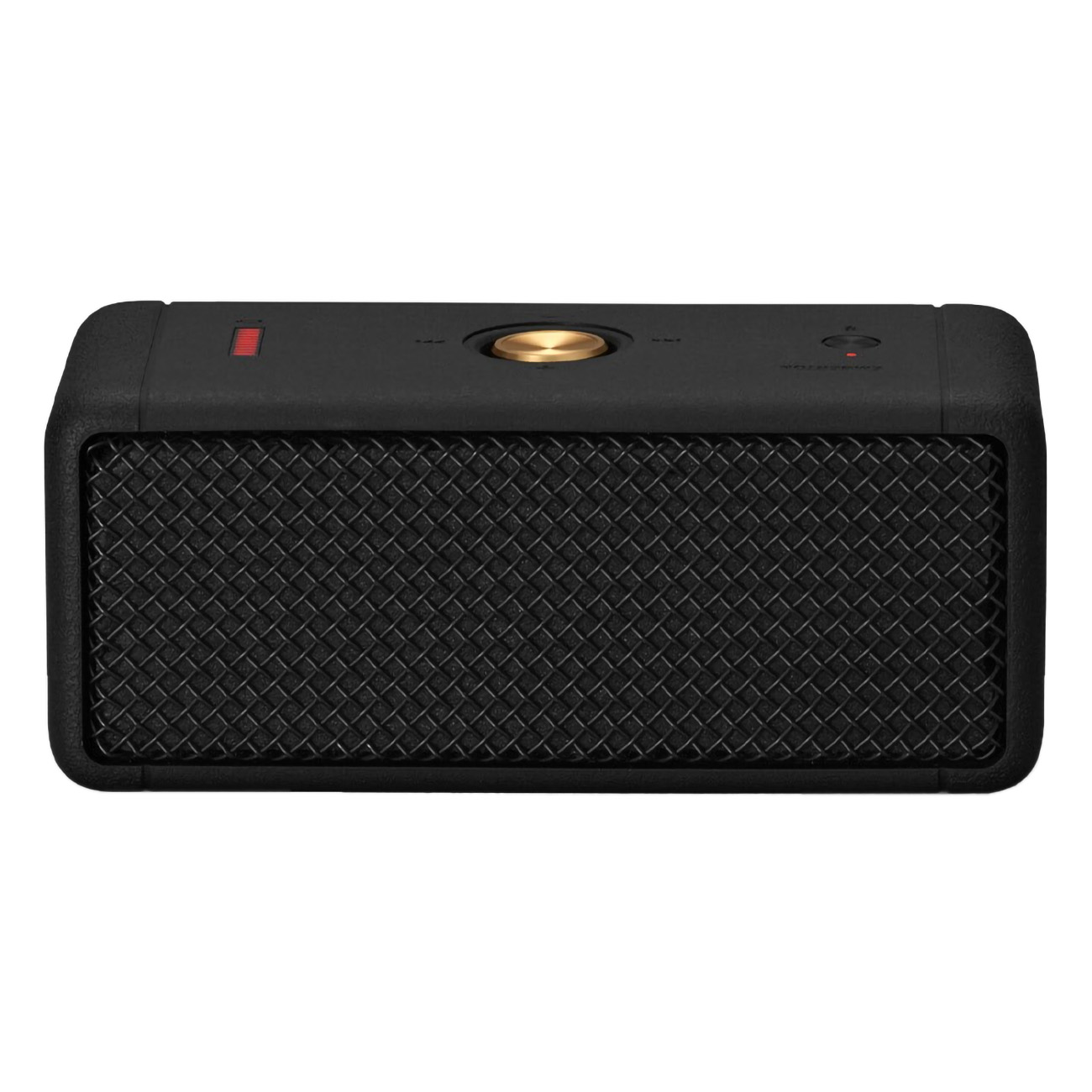 Ein schwarzer rechteckiger Lautsprecher mit Gitterfront und Goldknopf.