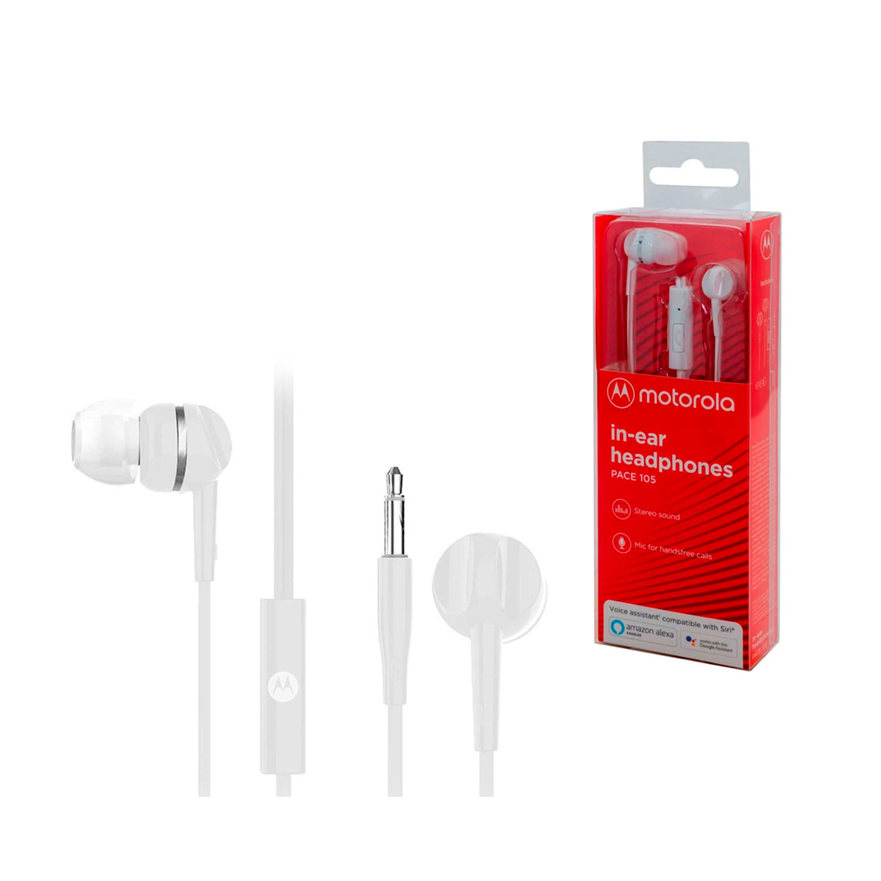 Cuffie in-ear bianche con scatola rossa, che mostrano le cuffie e un microfono.