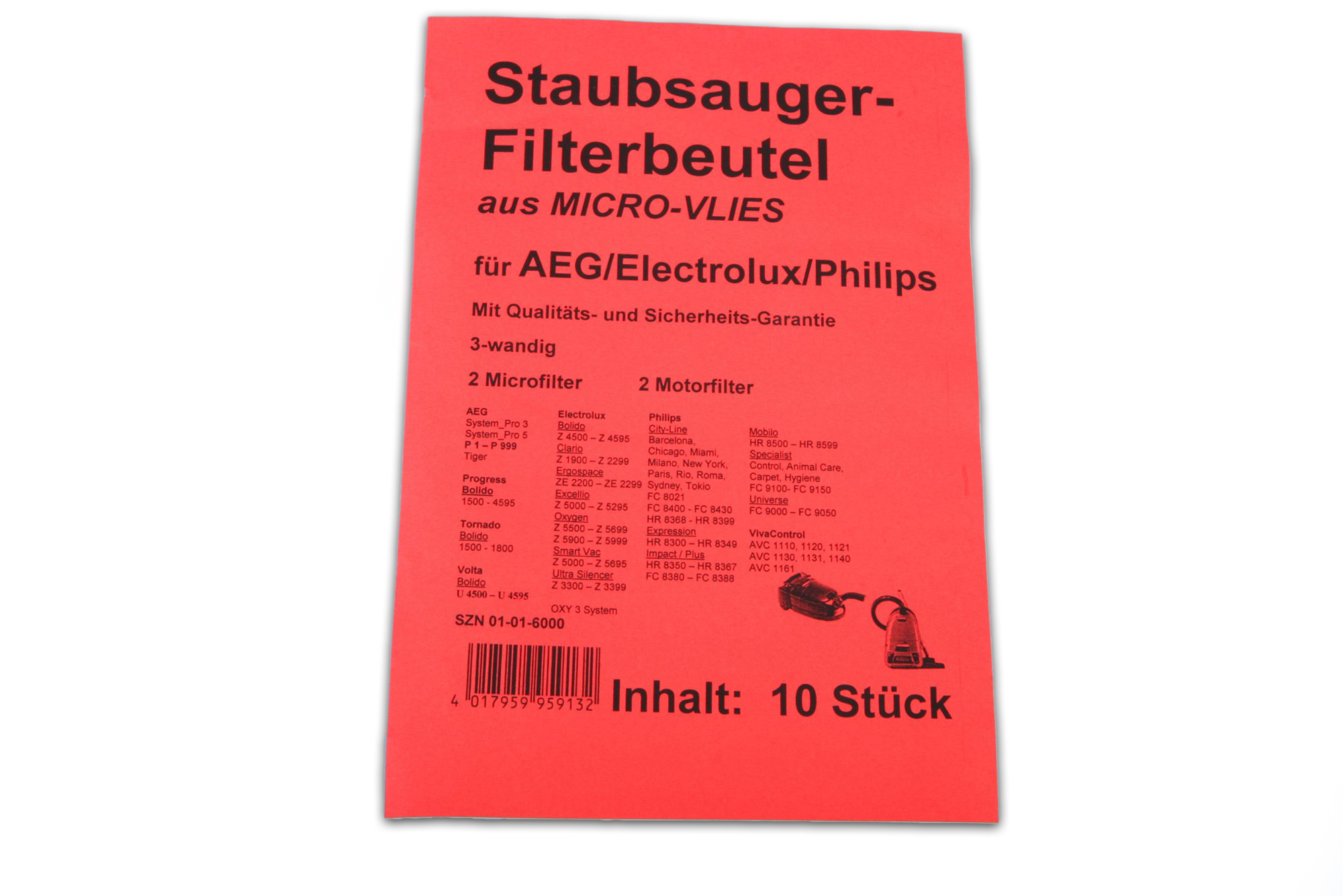 Rotes Papier mit Text über Staubsaugerfilterbeutel auf weißem Hintergrund.