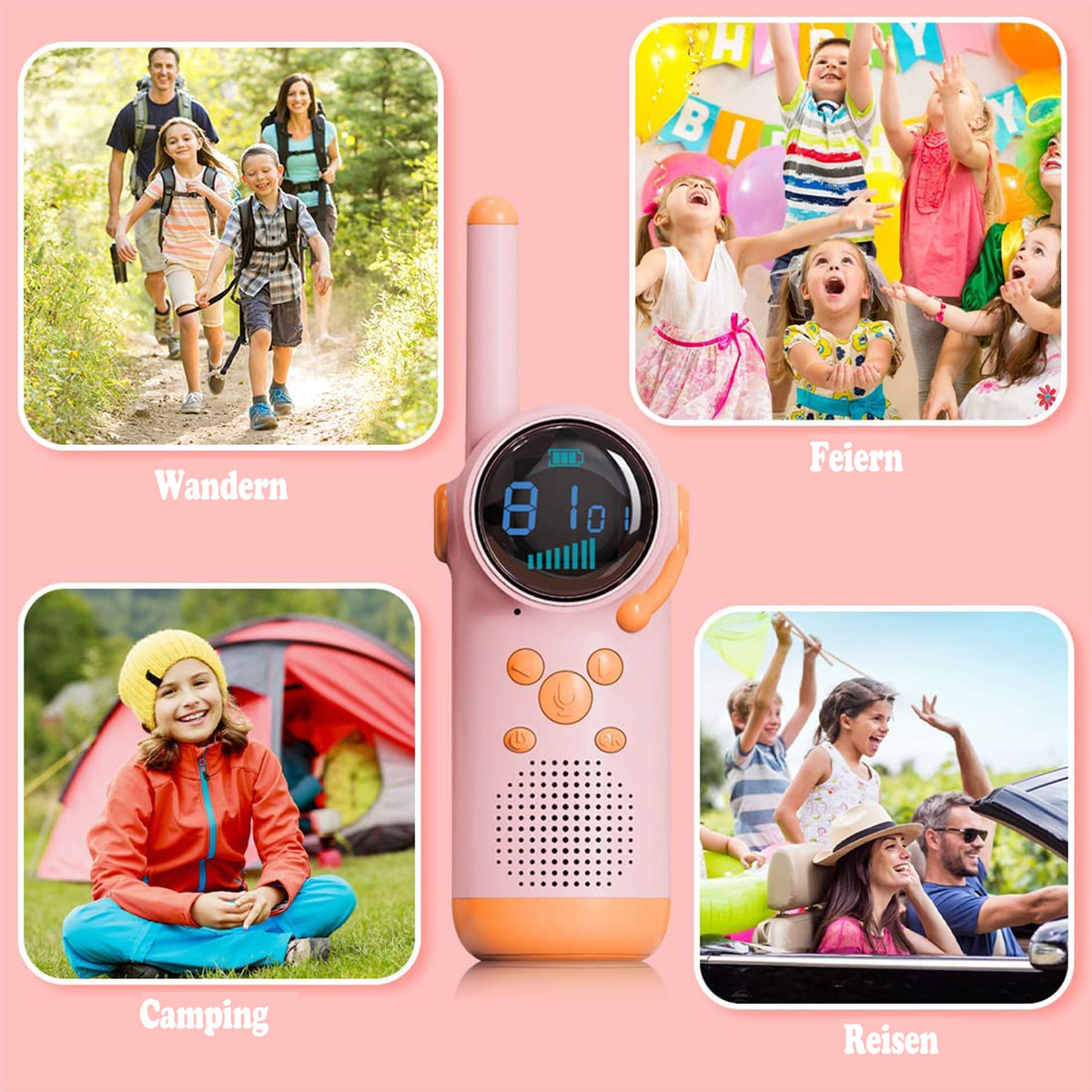 Ein rosa Walkie-Talkie mit Szenen: Camping, Wandern, Feiern und Reisen.